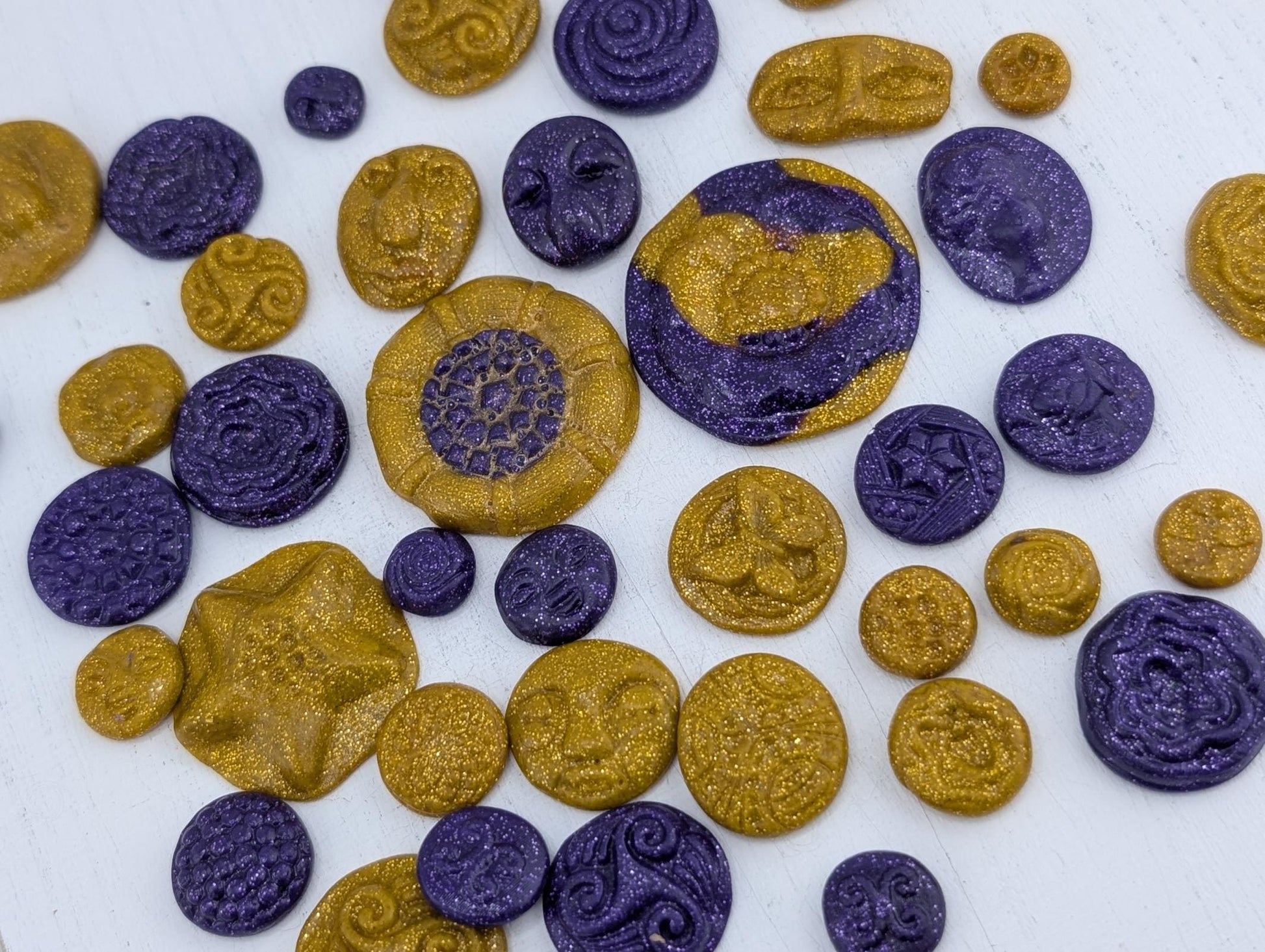 Handmade Polymer Clay Faces: Colorful Gold and Purple Art Doll Supplies 45 pcs