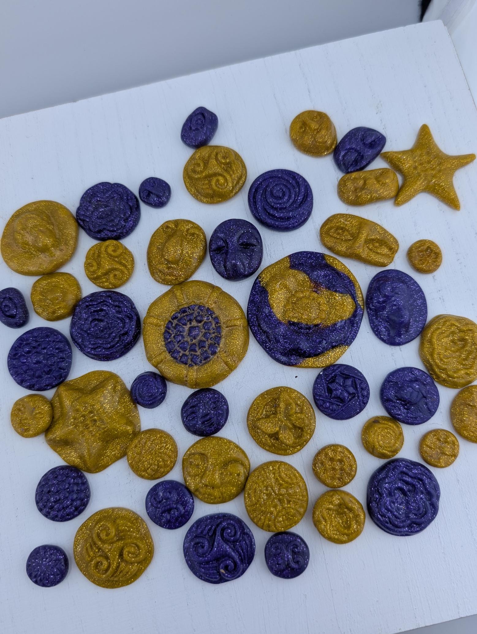 Handmade Polymer Clay Faces: Colorful Gold and Purple Art Doll Supplies 45 pcs