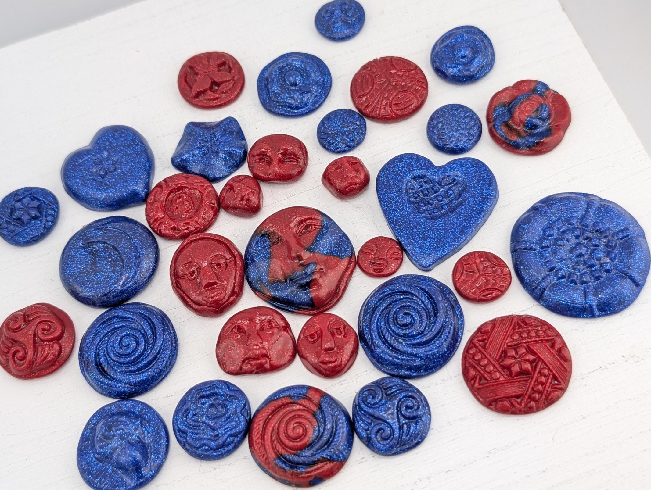 Handmade Polymer Clay Faces: Colorful Blue and Red Art Doll Supplies 35 pcs