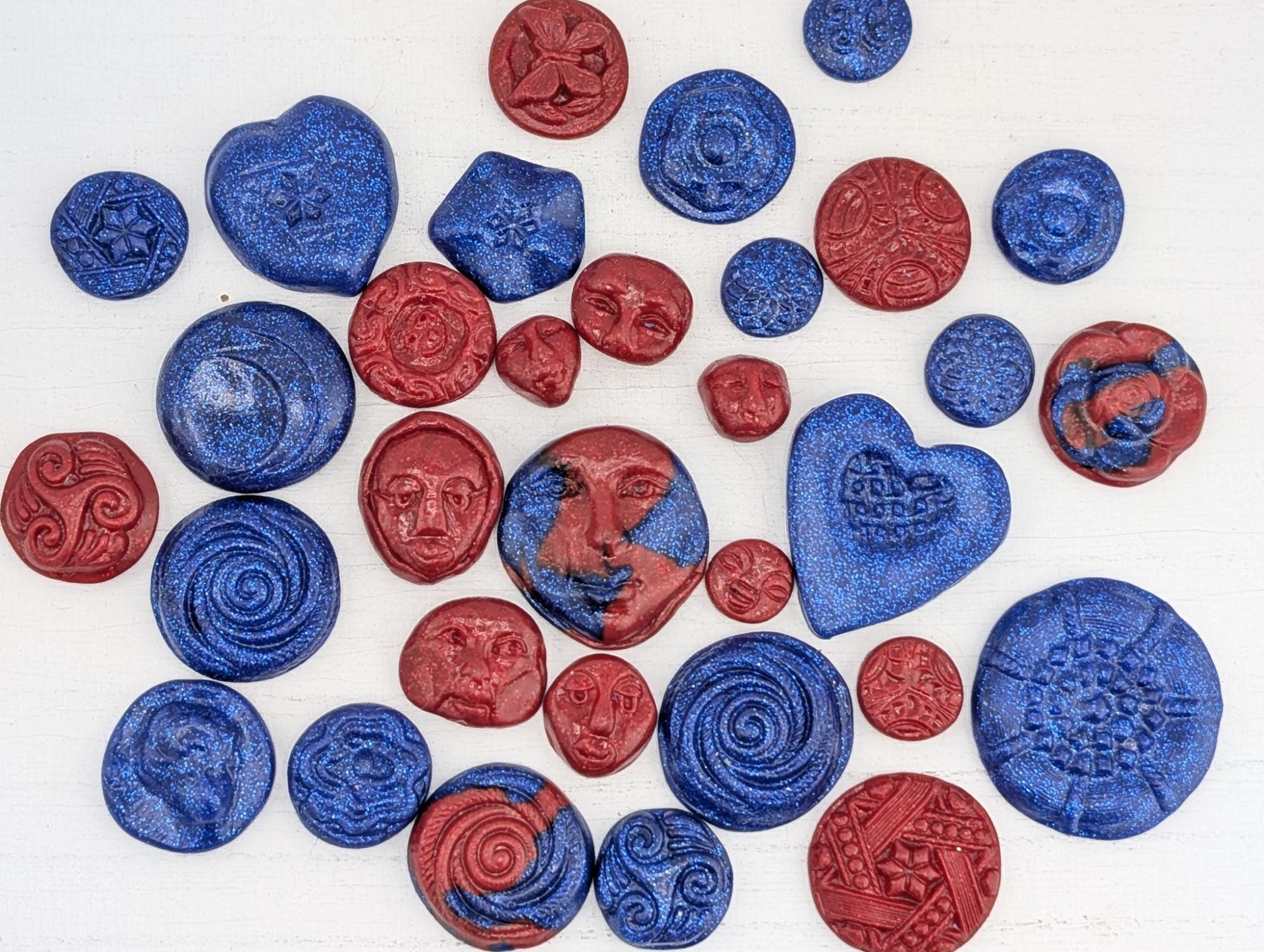 Handmade Polymer Clay Faces: Colorful Blue and Red Art Doll Supplies 35 pcs