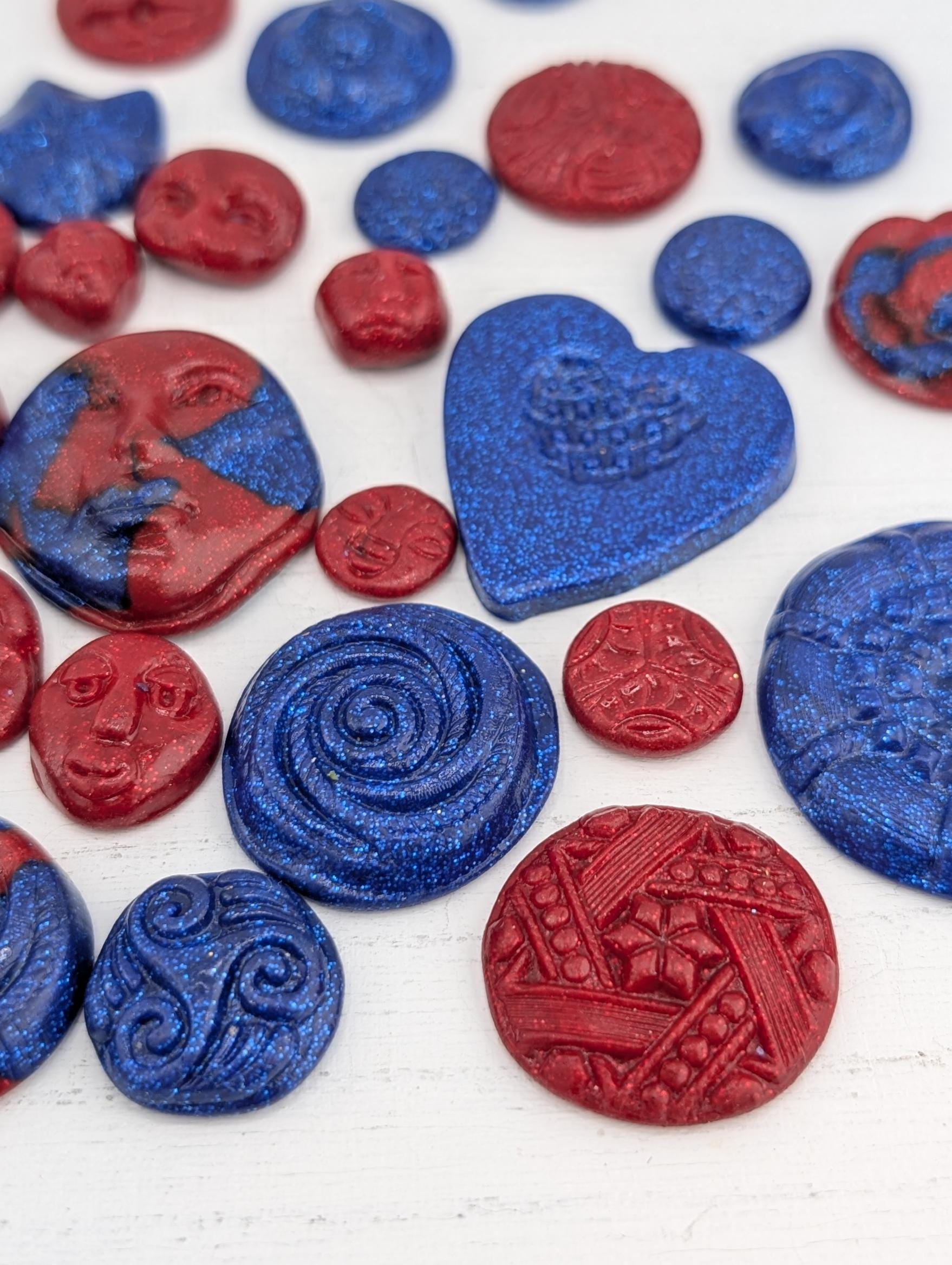 Handmade Polymer Clay Faces: Colorful Blue and Red Art Doll Supplies 35 pcs