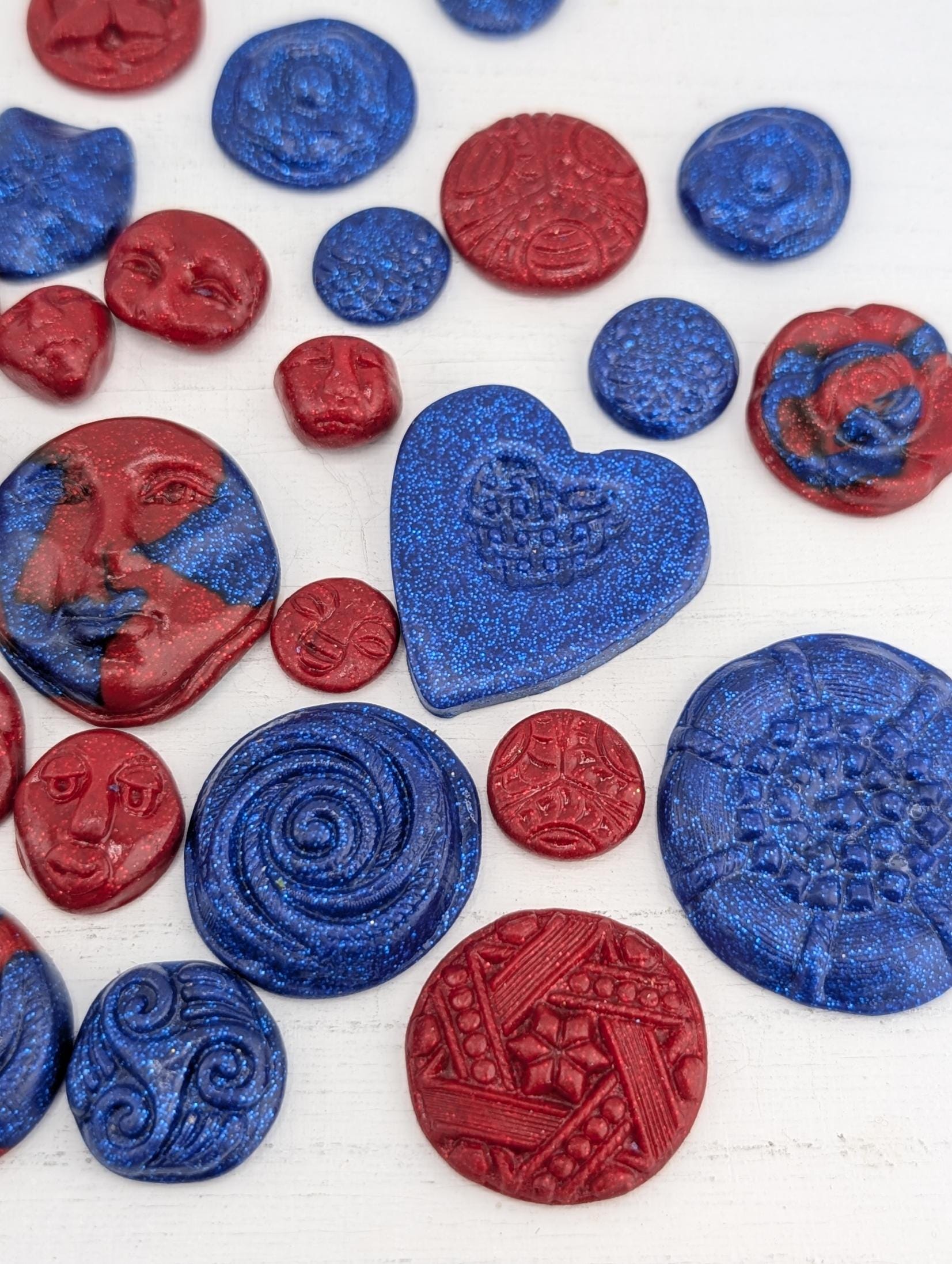 Handmade Polymer Clay Faces: Colorful Blue and Red Art Doll Supplies 35 pcs