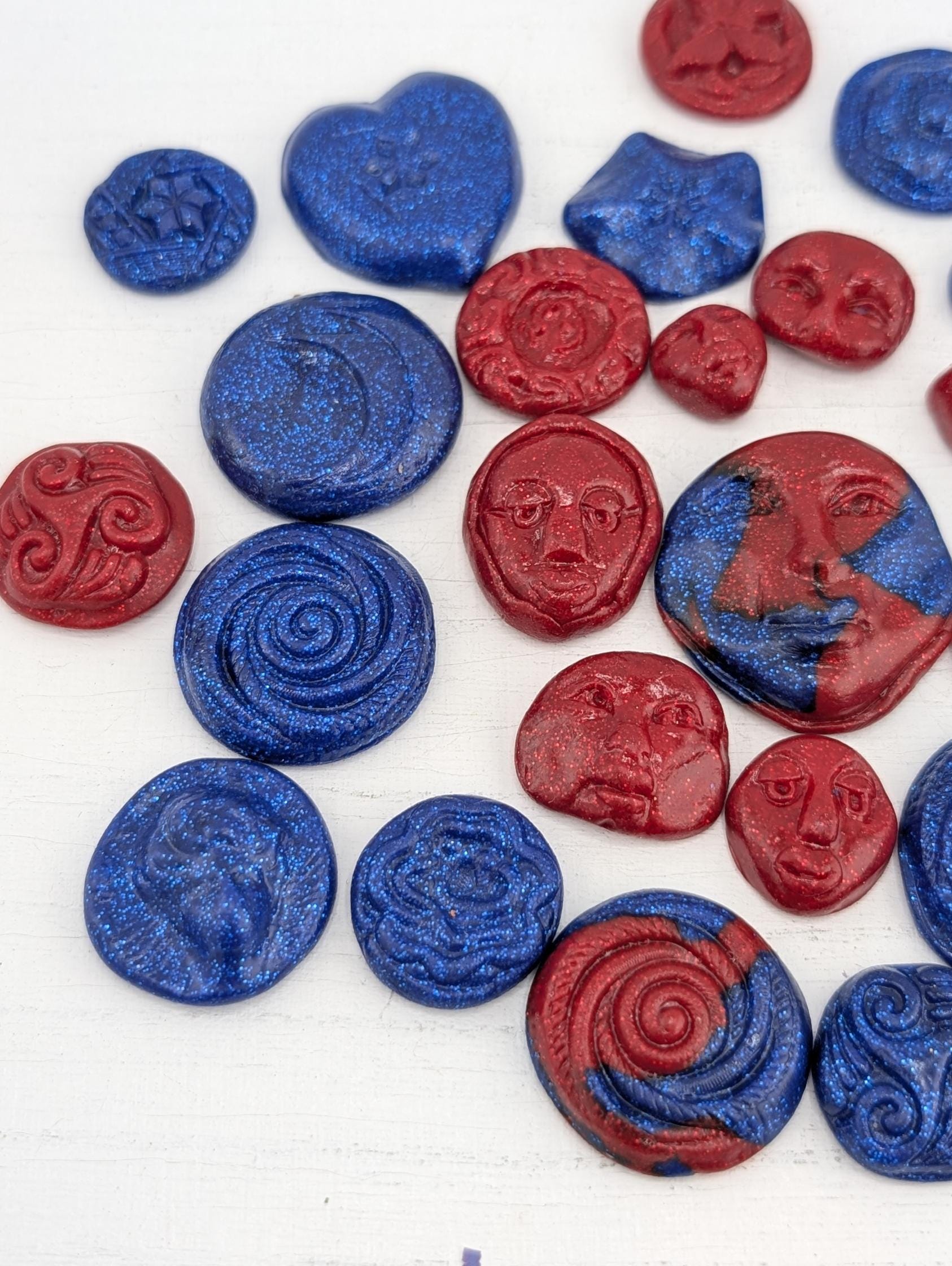 Handmade Polymer Clay Faces: Colorful Blue and Red Art Doll Supplies 35 pcs