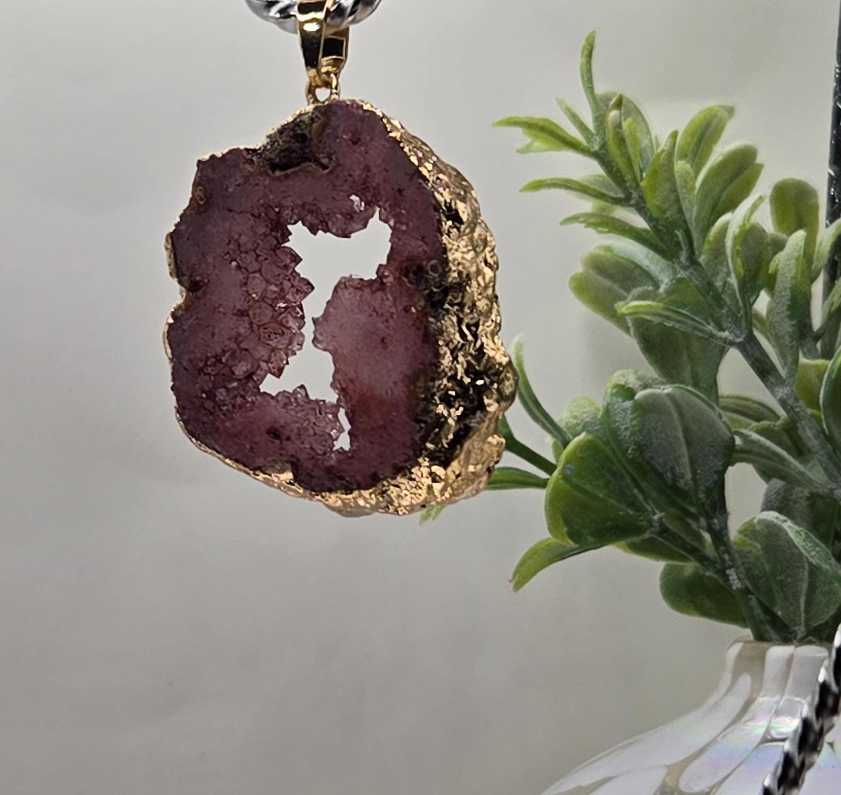 Dyed Agate Geode Pendant in a gold tone setting
