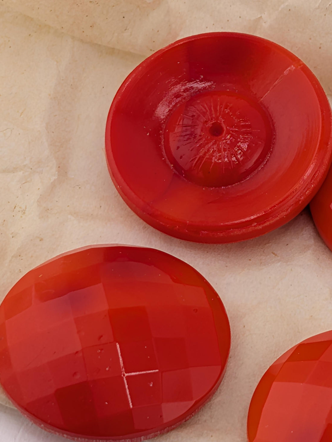 Vintage Red Glass Buttons, Faceted (27mm, Set of 4, 1949 Germany)