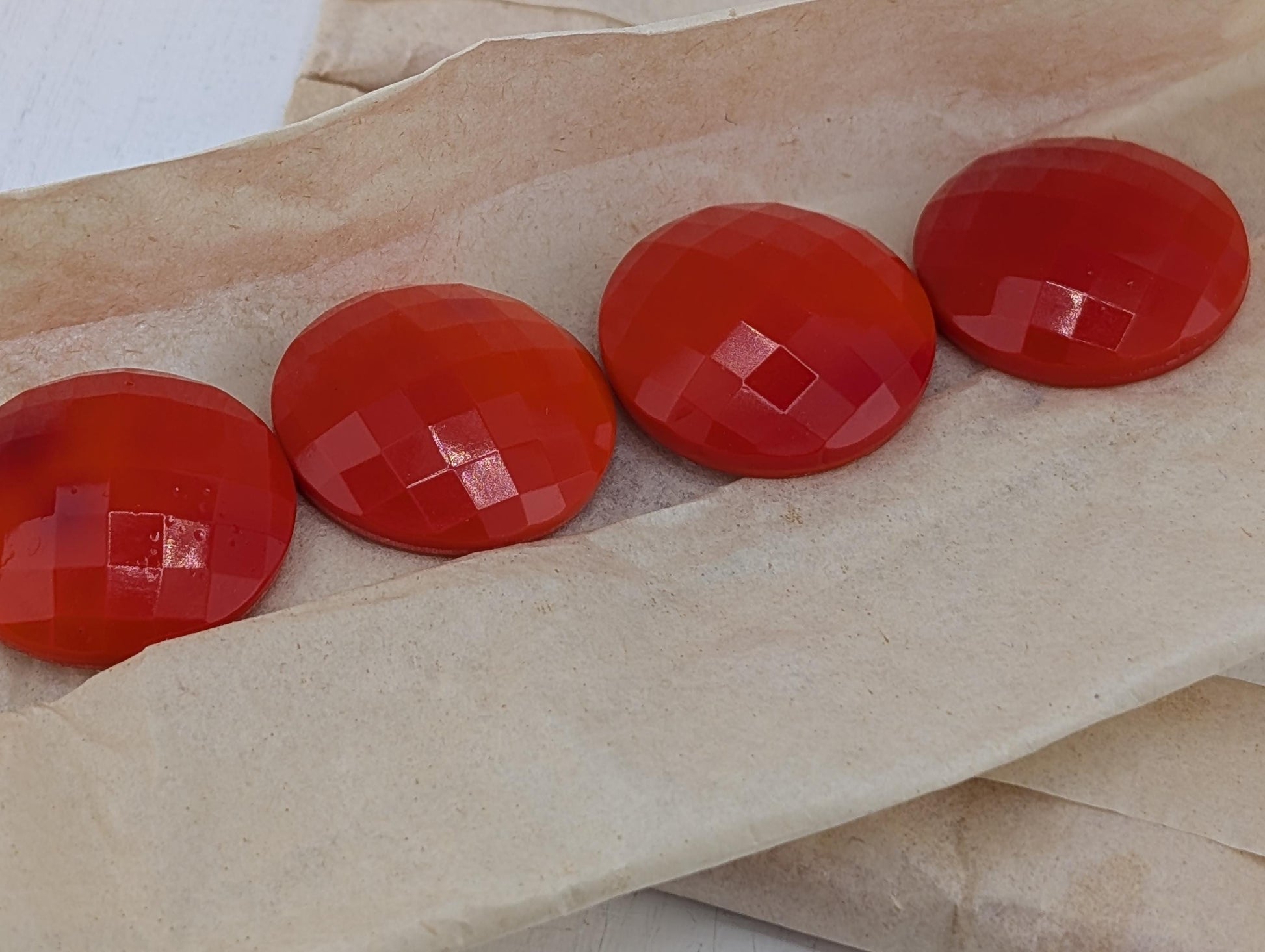 Vintage Red Glass Buttons, Faceted (27mm, Set of 4, 1949 Germany)