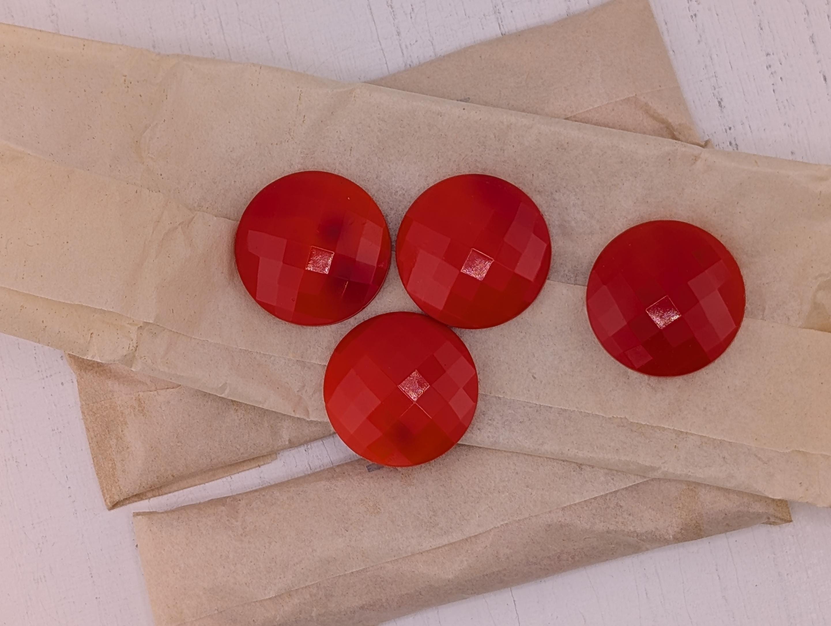 Vintage Red Glass Buttons, Faceted (27mm, Set of 4, 1949 Germany)