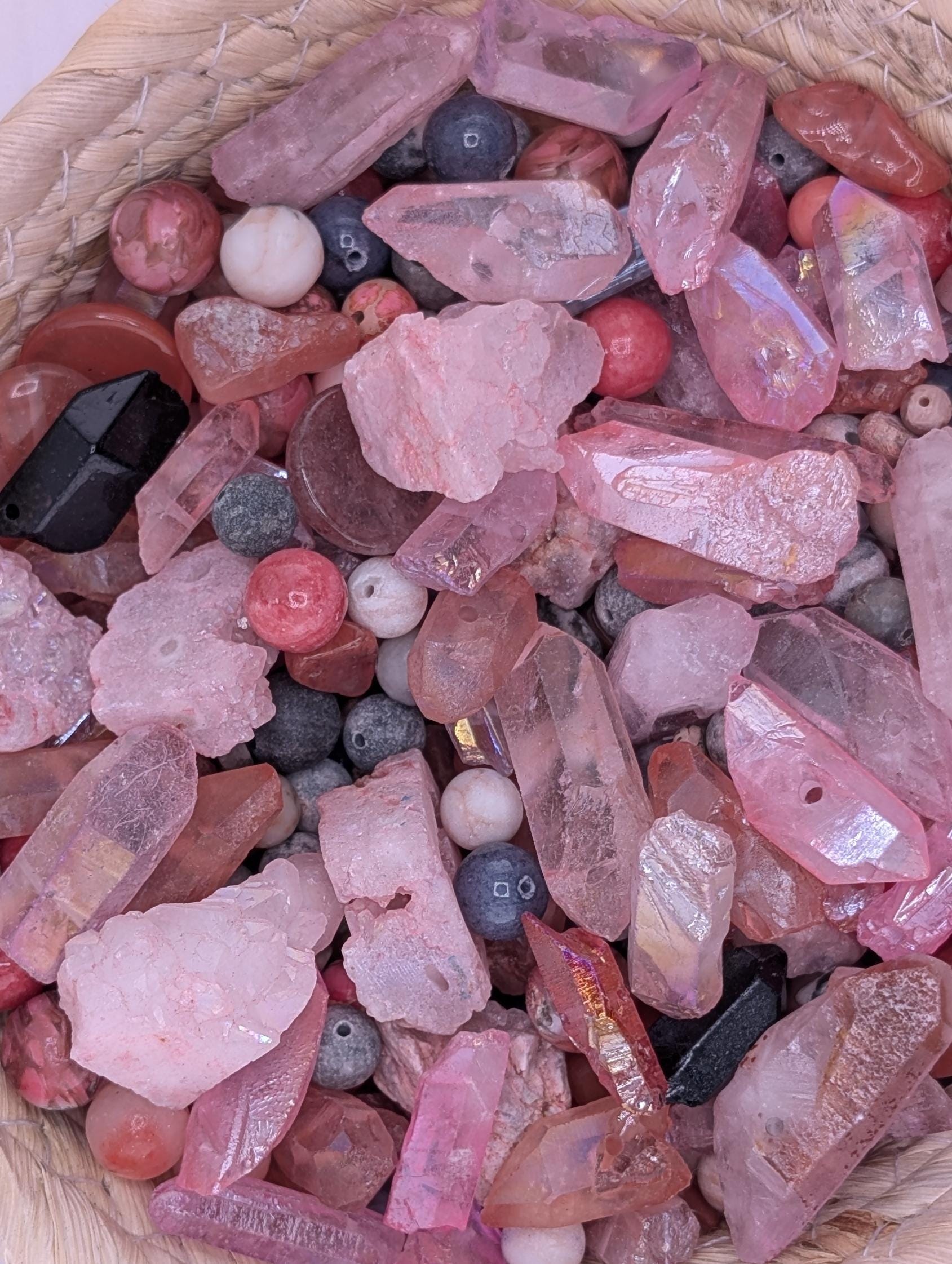 Exclusive "Black Tie Bubblegum" Cherry Quartz Gemstone Bead Mix: 2 oz Natural Stone Craft Supply