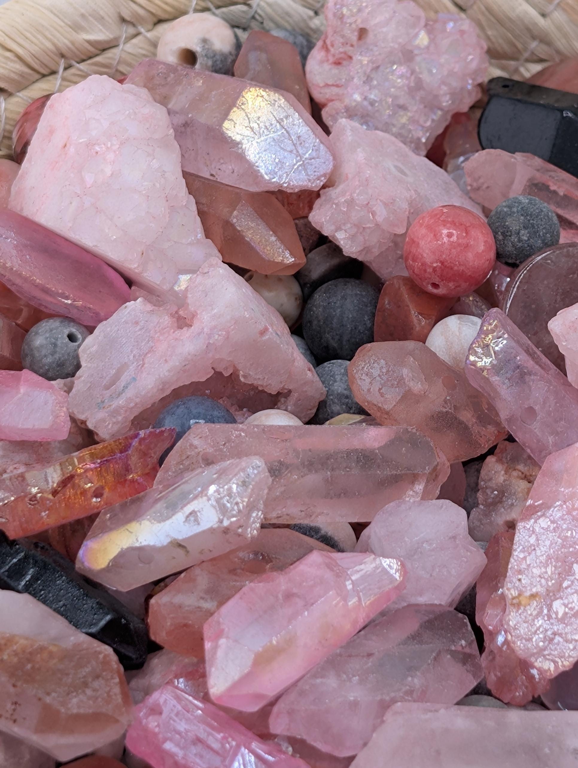 Exclusive "Black Tie Bubblegum" Cherry Quartz Gemstone Bead Mix: 2 oz Natural Stone Craft Supply