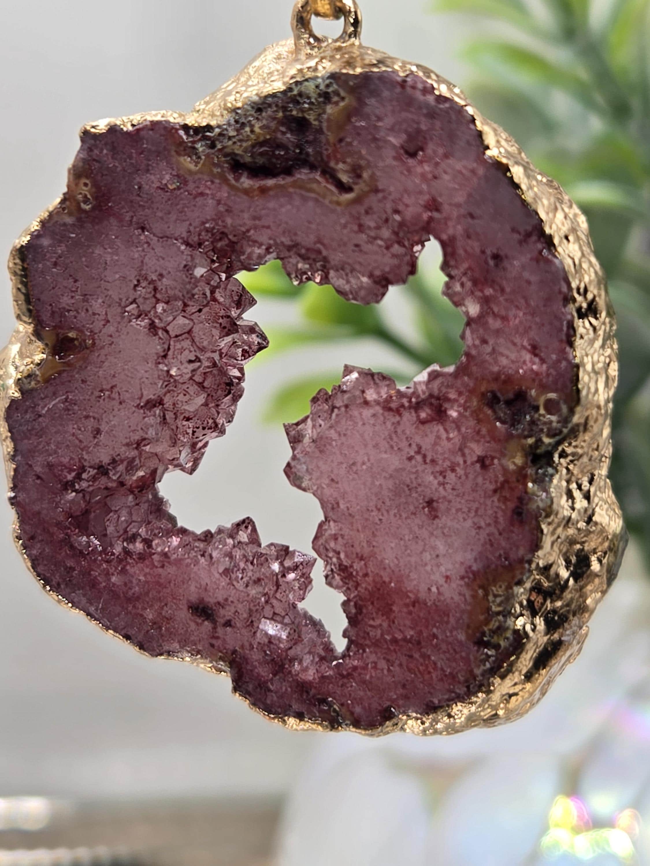 Dyed Agate Geode Pendant in a gold tone setting