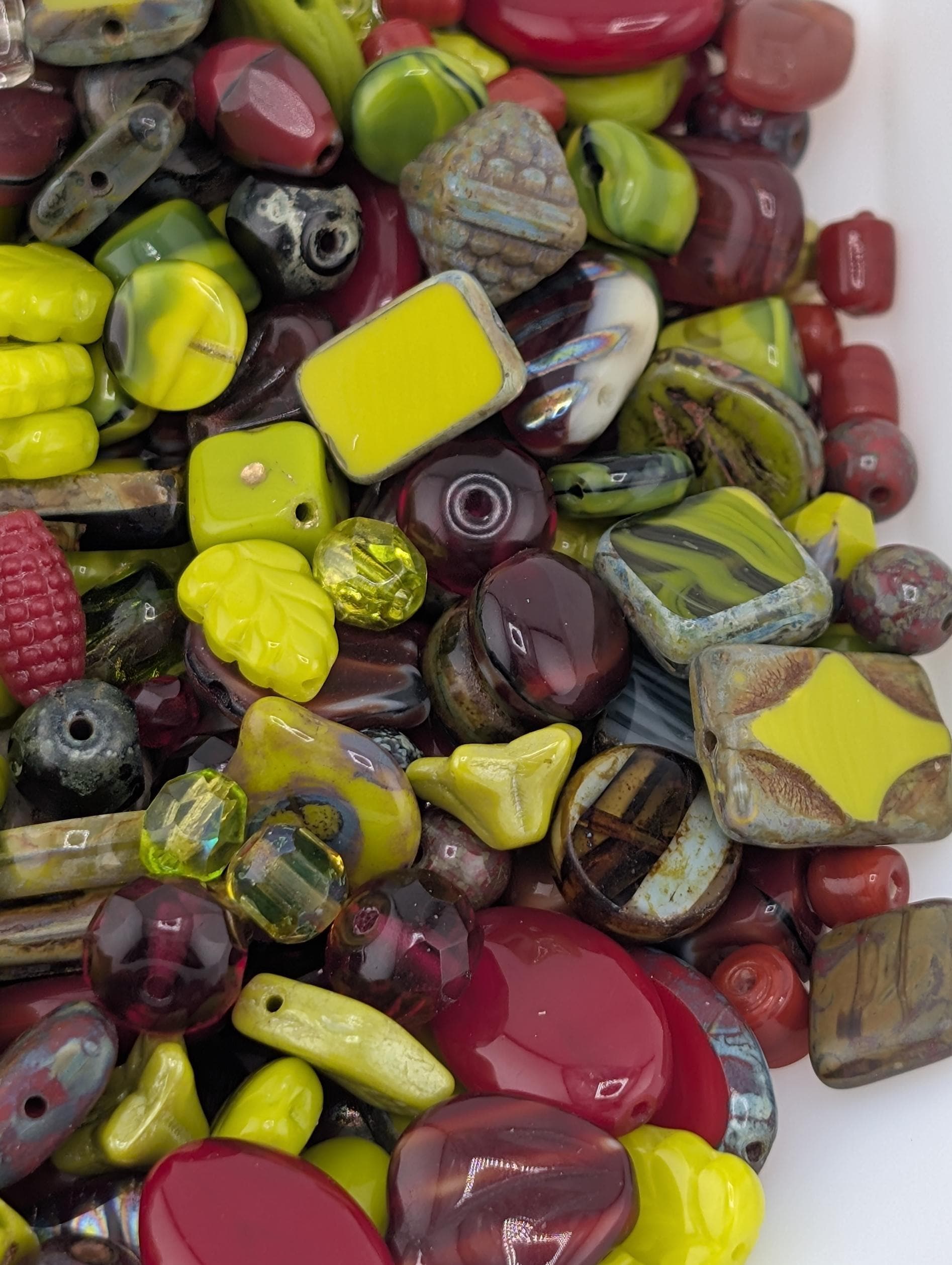 Exclusive "Poison Apple Blend" Dark Red and Chartreause Mix Czech Pressed Glass Beads (30g pkg)