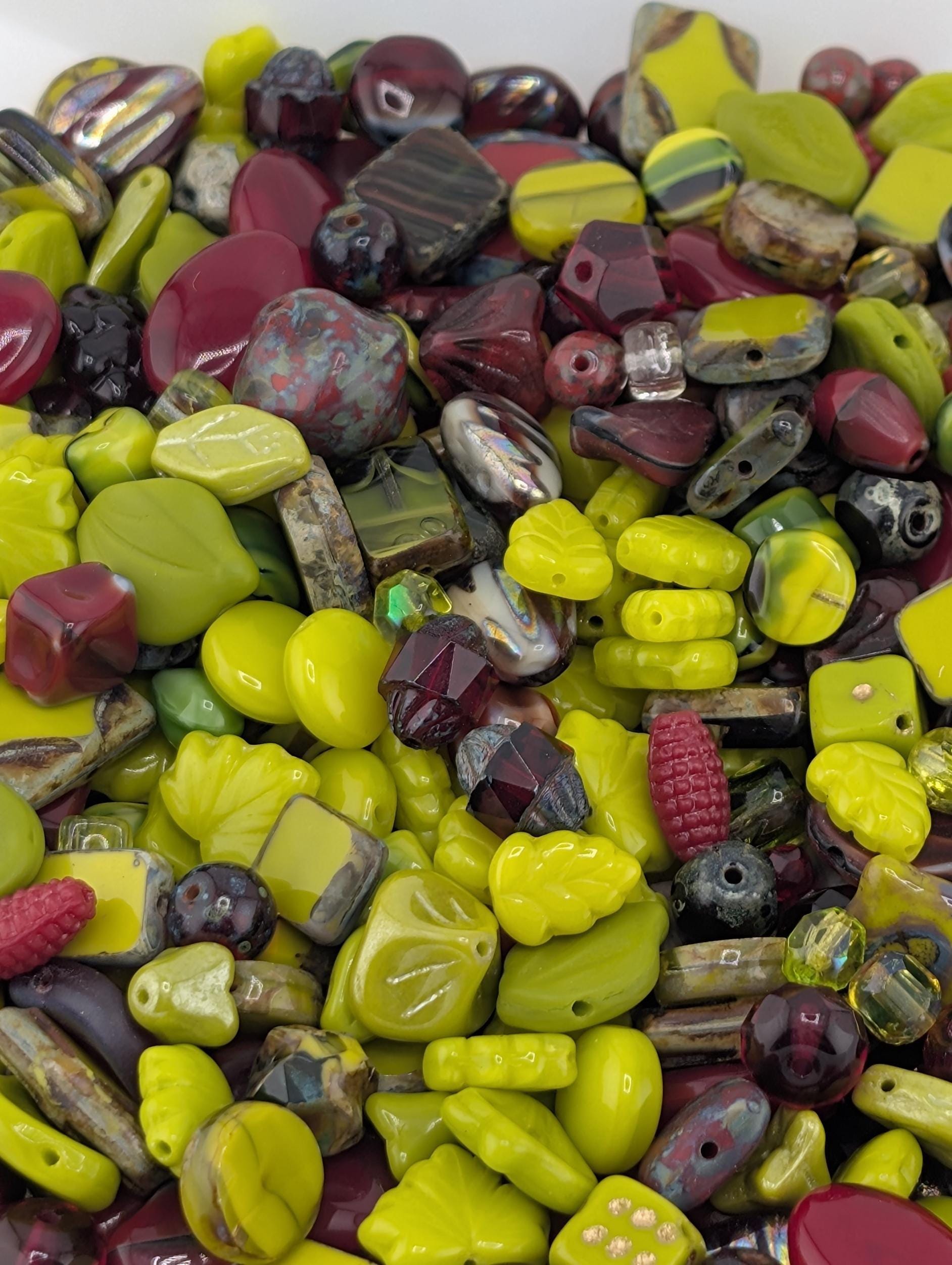 Exclusive "Poison Apple Blend" Dark Red and Chartreause Mix Czech Pressed Glass Beads (30g pkg)