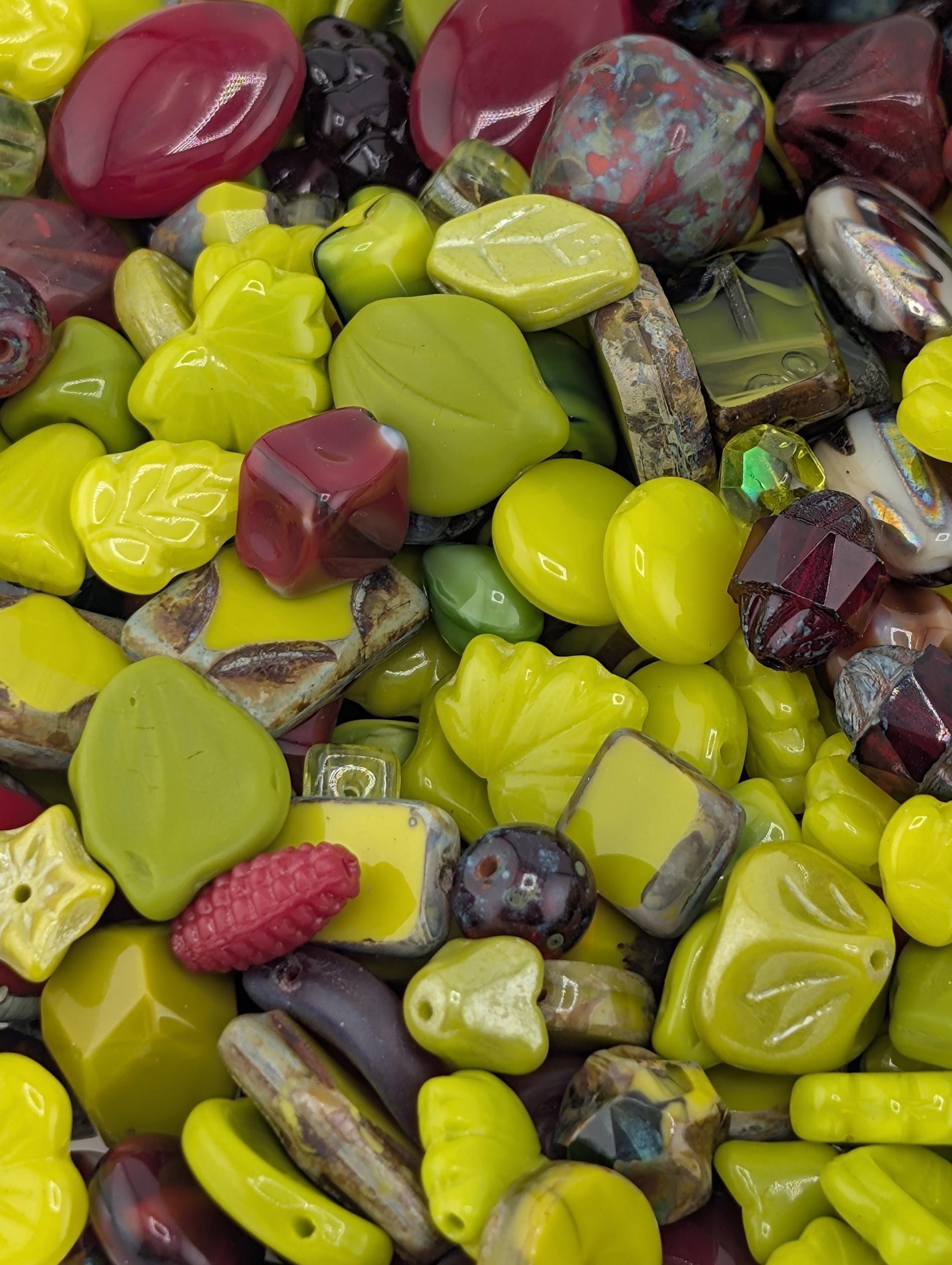 Exclusive "Poison Apple Blend" Dark Red and Chartreause Mix Czech Pressed Glass Beads (30g pkg)