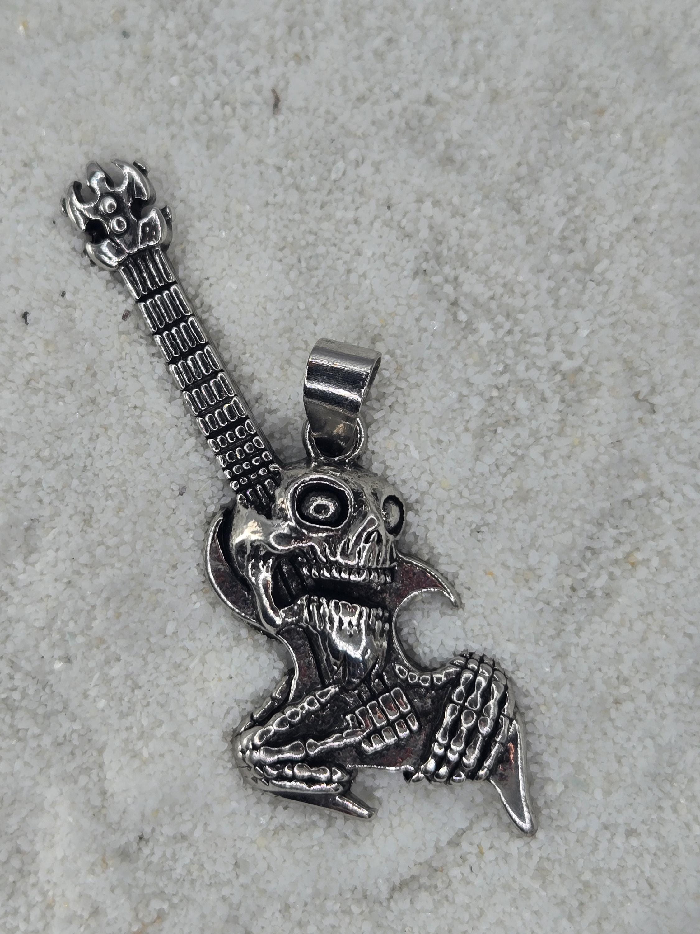 Silver Skull Guitar Pendant: Gothic Alloy Charm for Jewelry