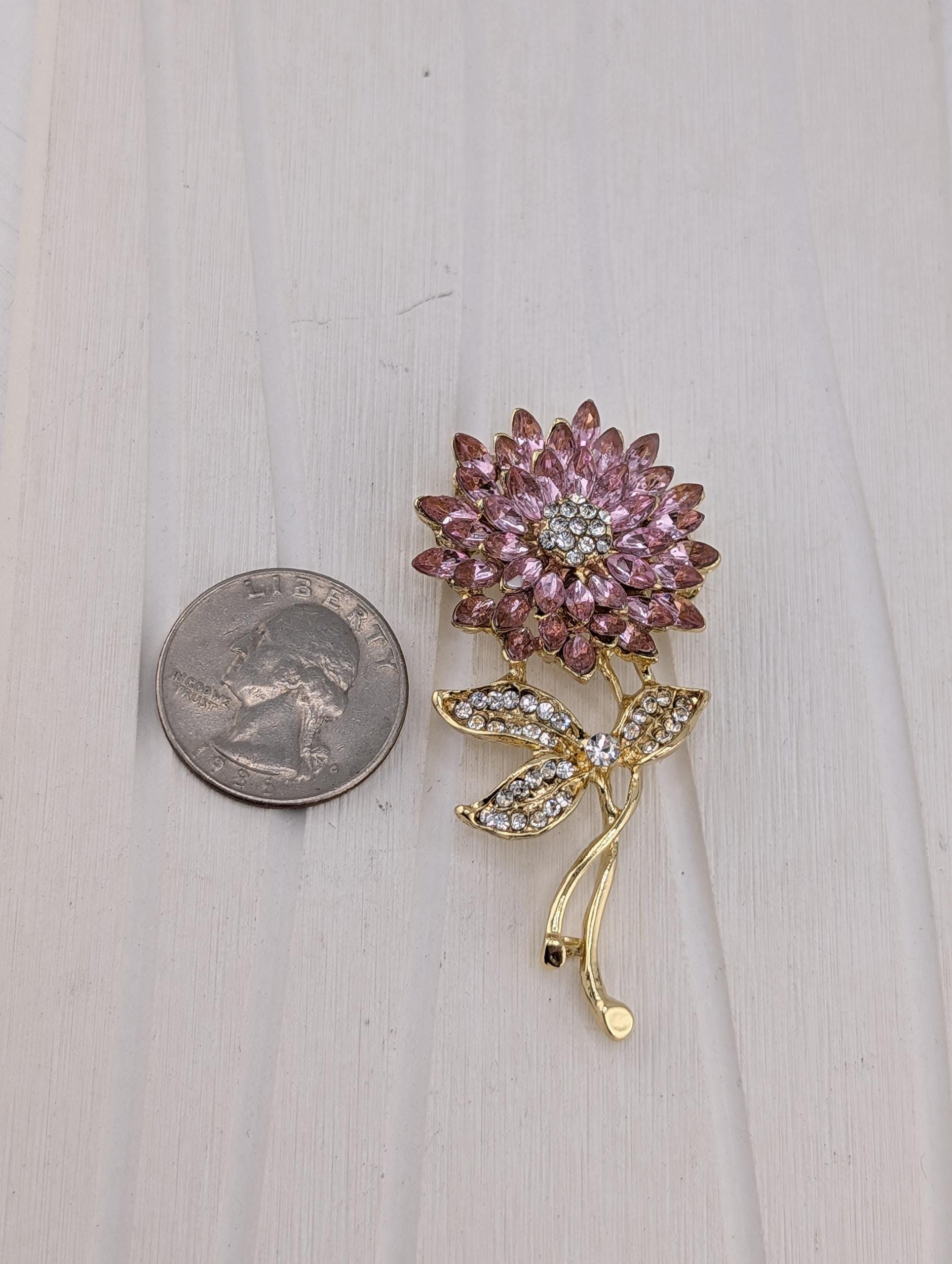 Gold Plated Flower Brooch, Pink Rhinestones, Enamel (Compact Size)