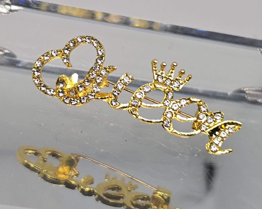 Gold Plated Queen Brooch Pin - Sparkling Rhinestone Accent