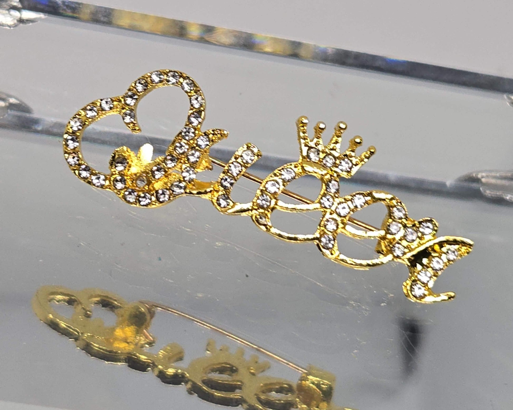 Gold Plated Queen Brooch Pin - Sparkling Rhinestone Accent