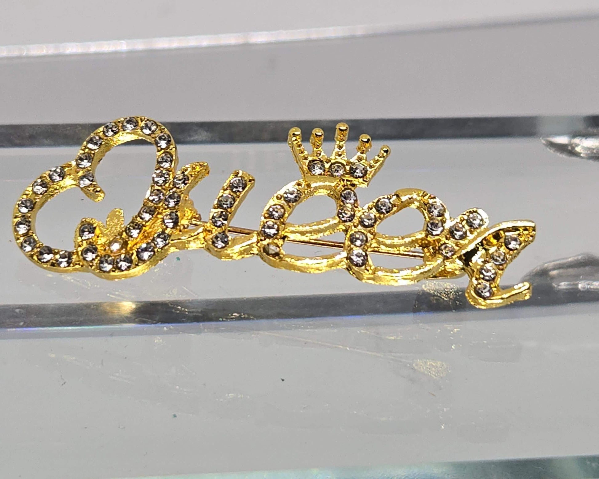 Gold Plated Queen Brooch Pin - Sparkling Rhinestone Accent