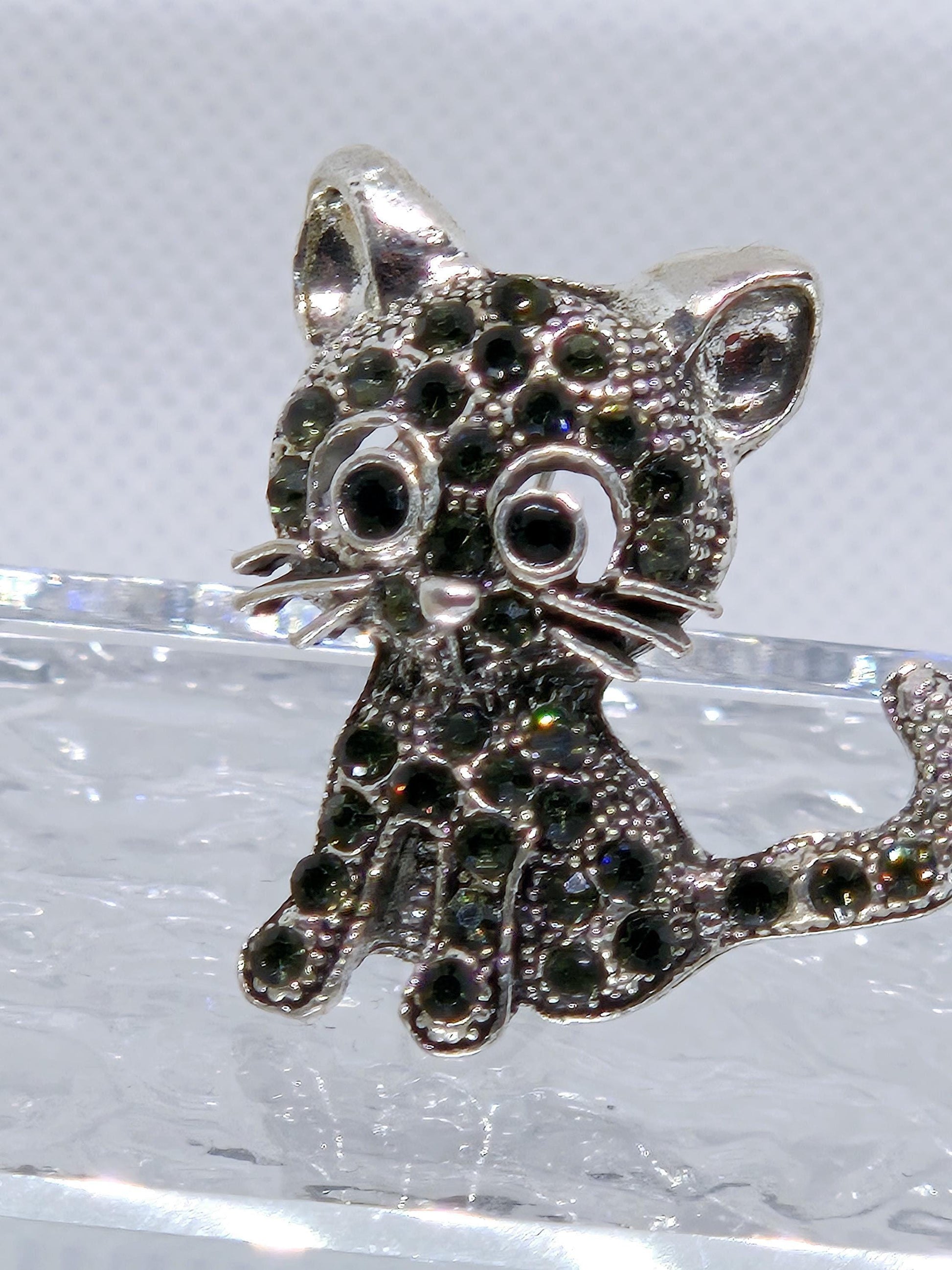Whimsical Silver Cat Brooch, Black Rhinestones (1.5 Inch Sparkle Pin)