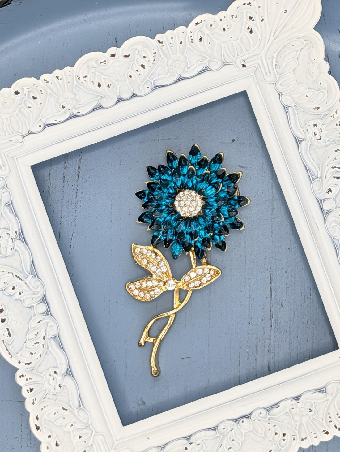 Flower Brooch: Gold Plated Aqua Rhinestones (2 Inch Pin)