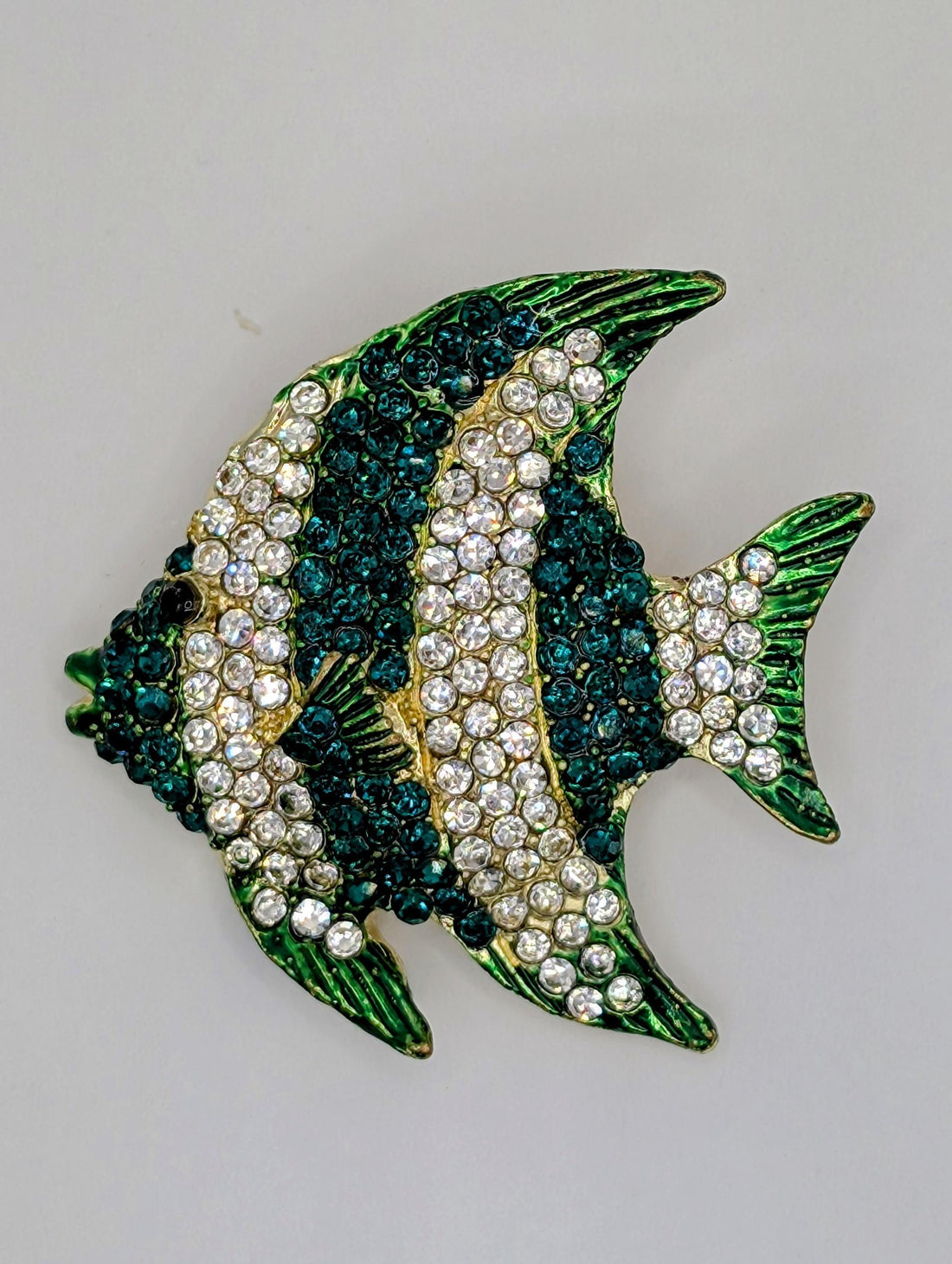 Gold Plated Fish Brooch, Emerald and CZ Rhinestones (Compact Size)