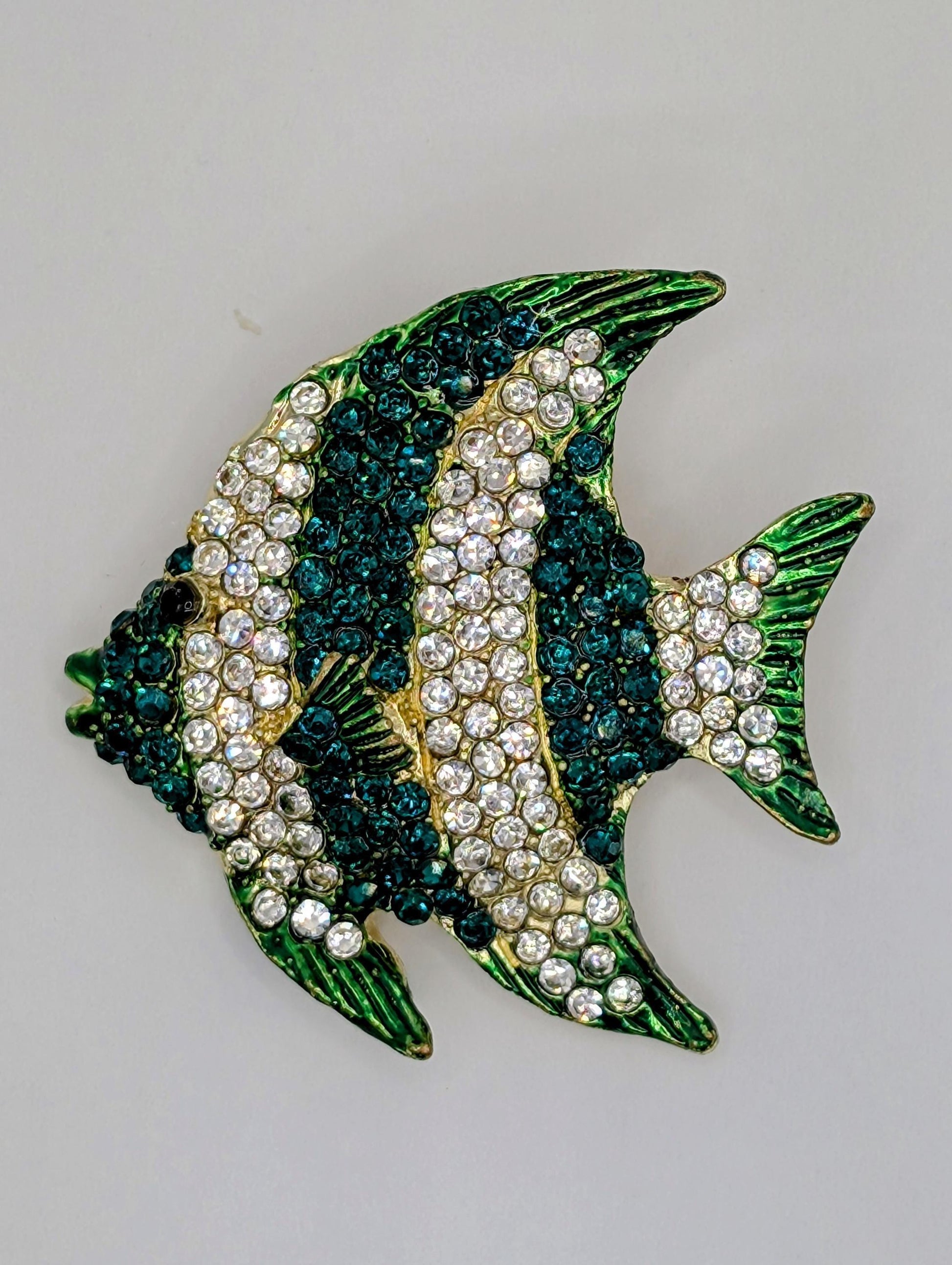 Gold Plated Fish Brooch, Emerald and CZ Rhinestones (Compact Size)