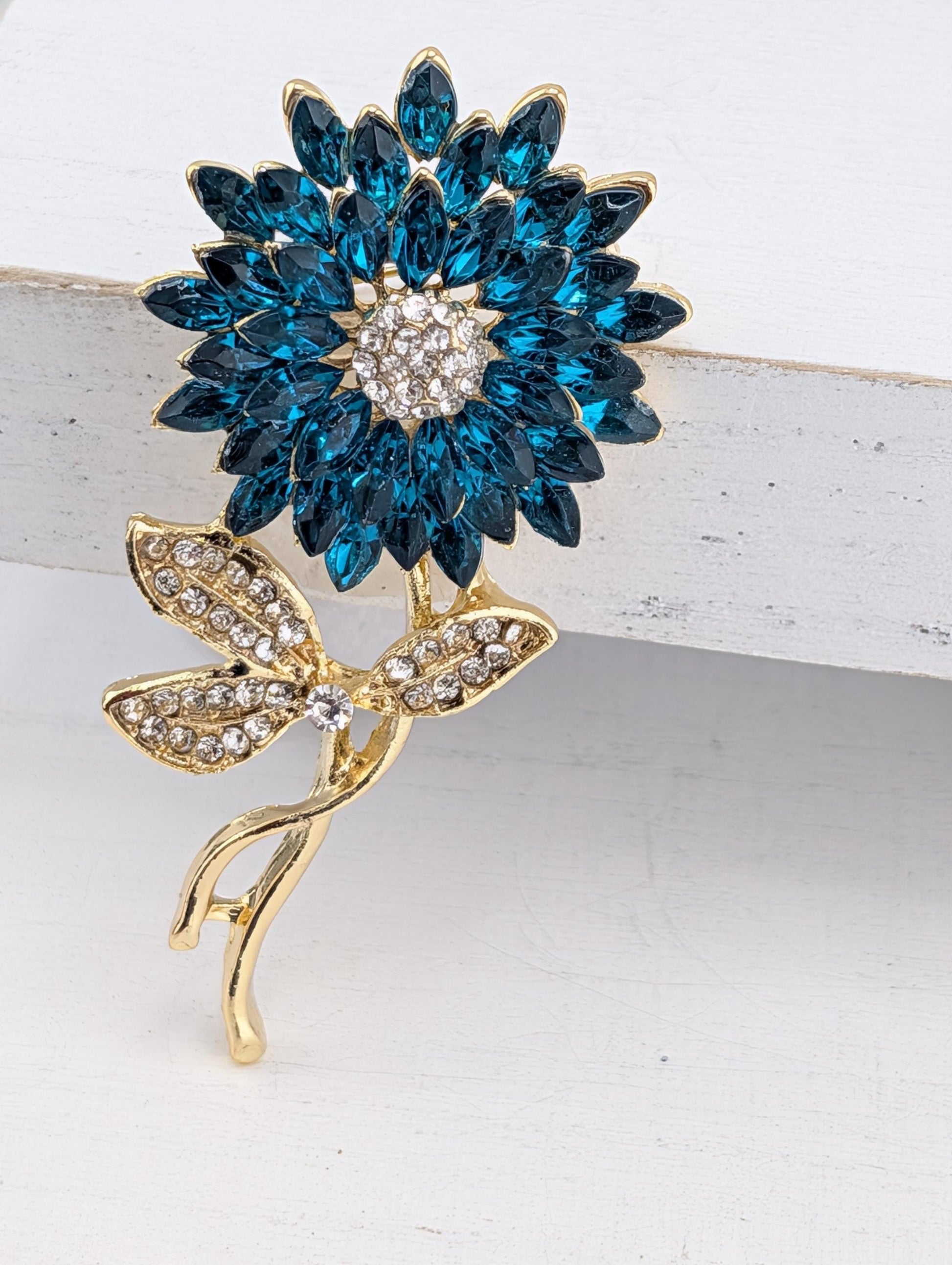 Flower Brooch: Gold Plated Aqua Rhinestones (2 Inch Pin)