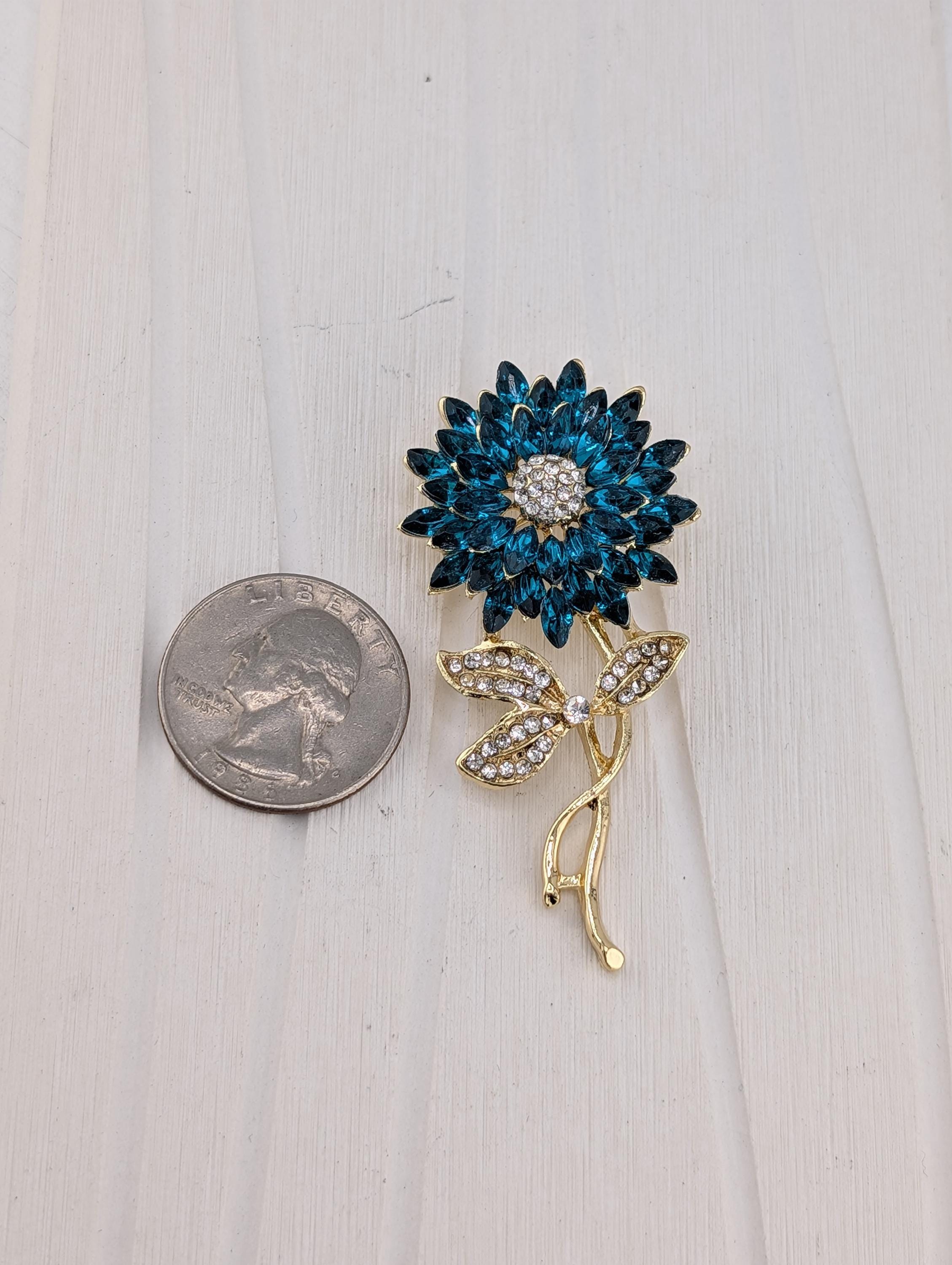 Flower Brooch: Gold Plated Aqua Rhinestones (2 Inch Pin)