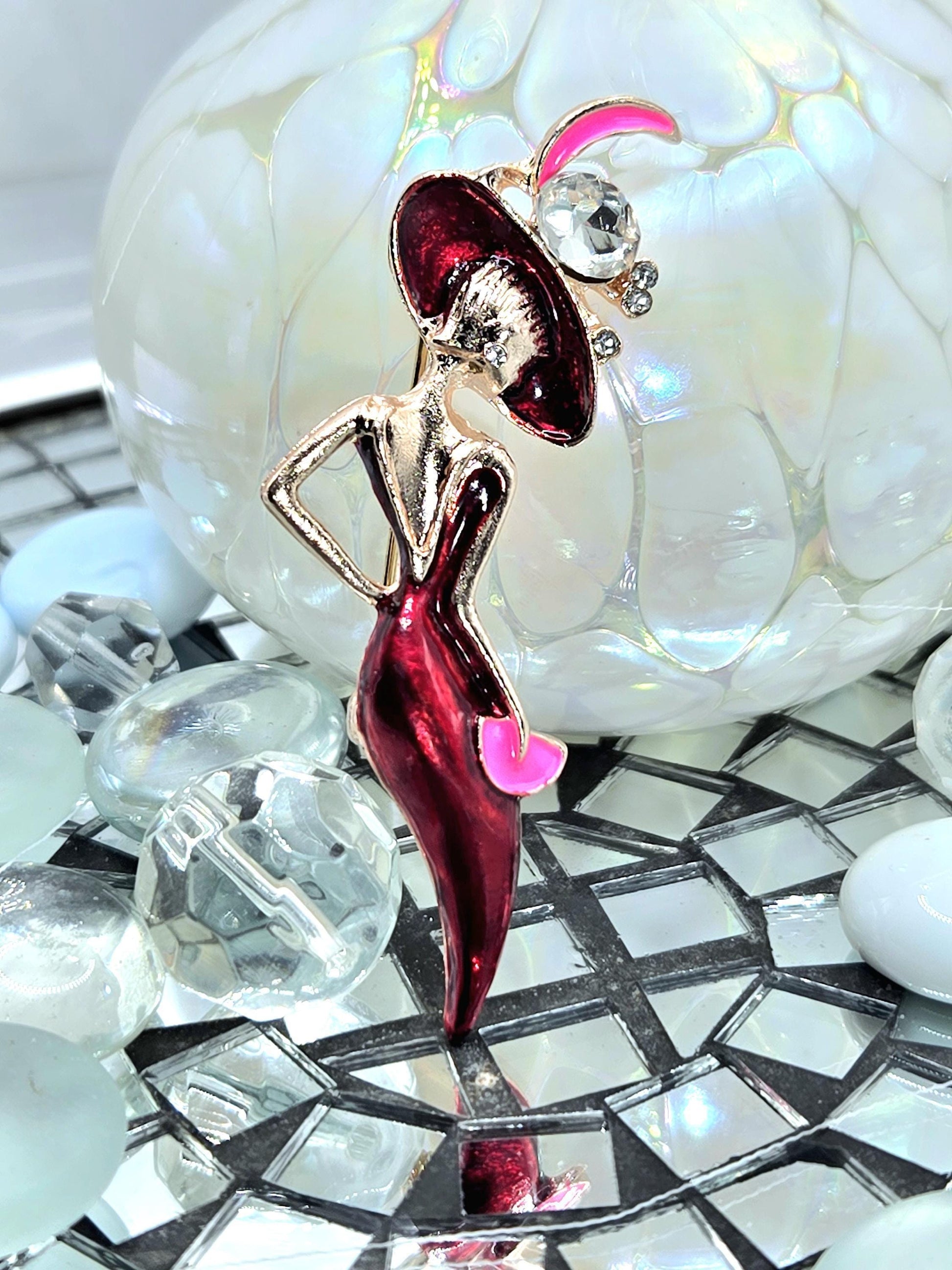 Lady in Red Brooch: Rose Gold Plated Sparkle (For Jacket, Scarf, Hat)