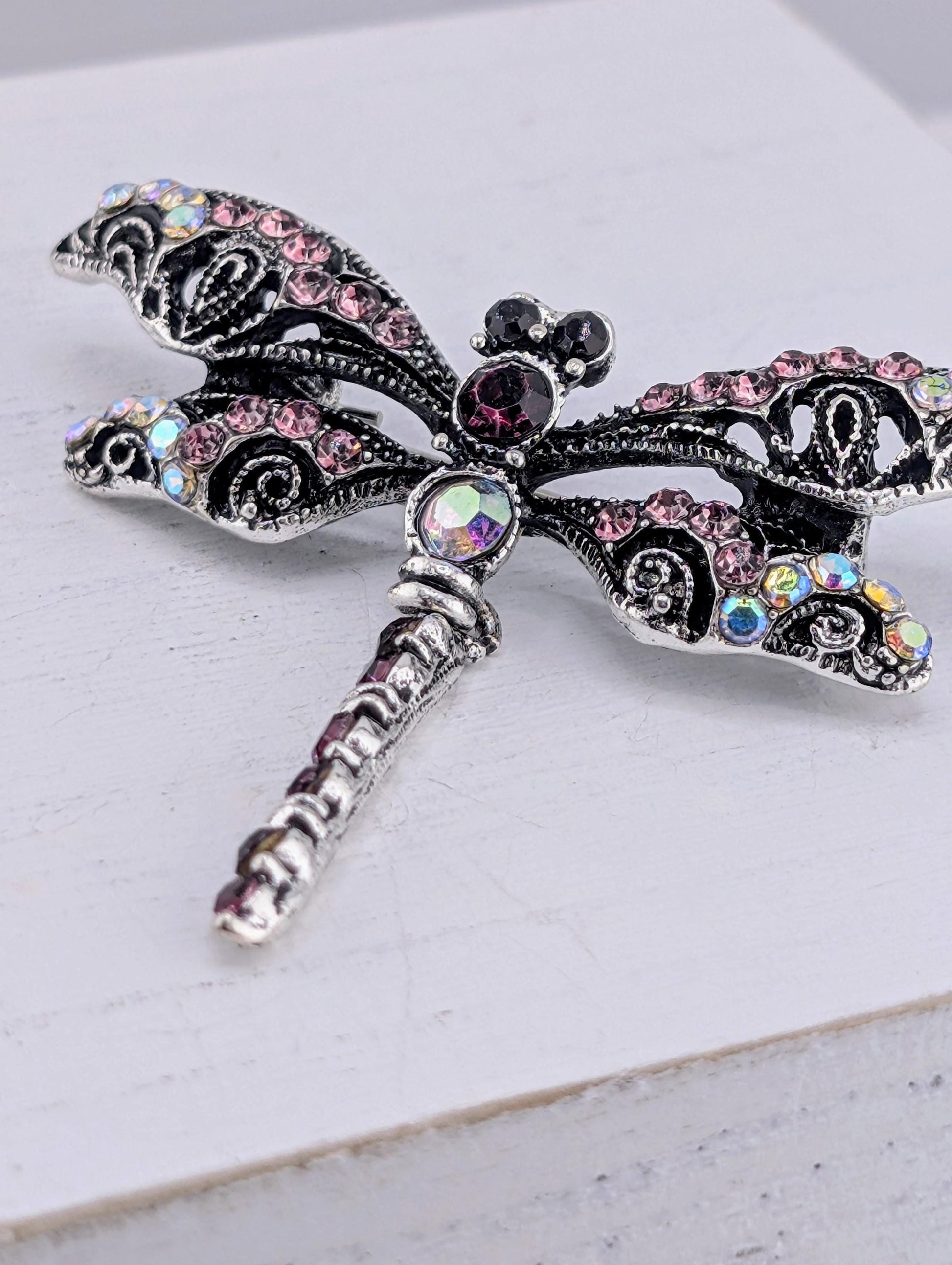 Nature-Inspired Silver Dragonfly Brooch, Rhinestones (2 Inch Pin)