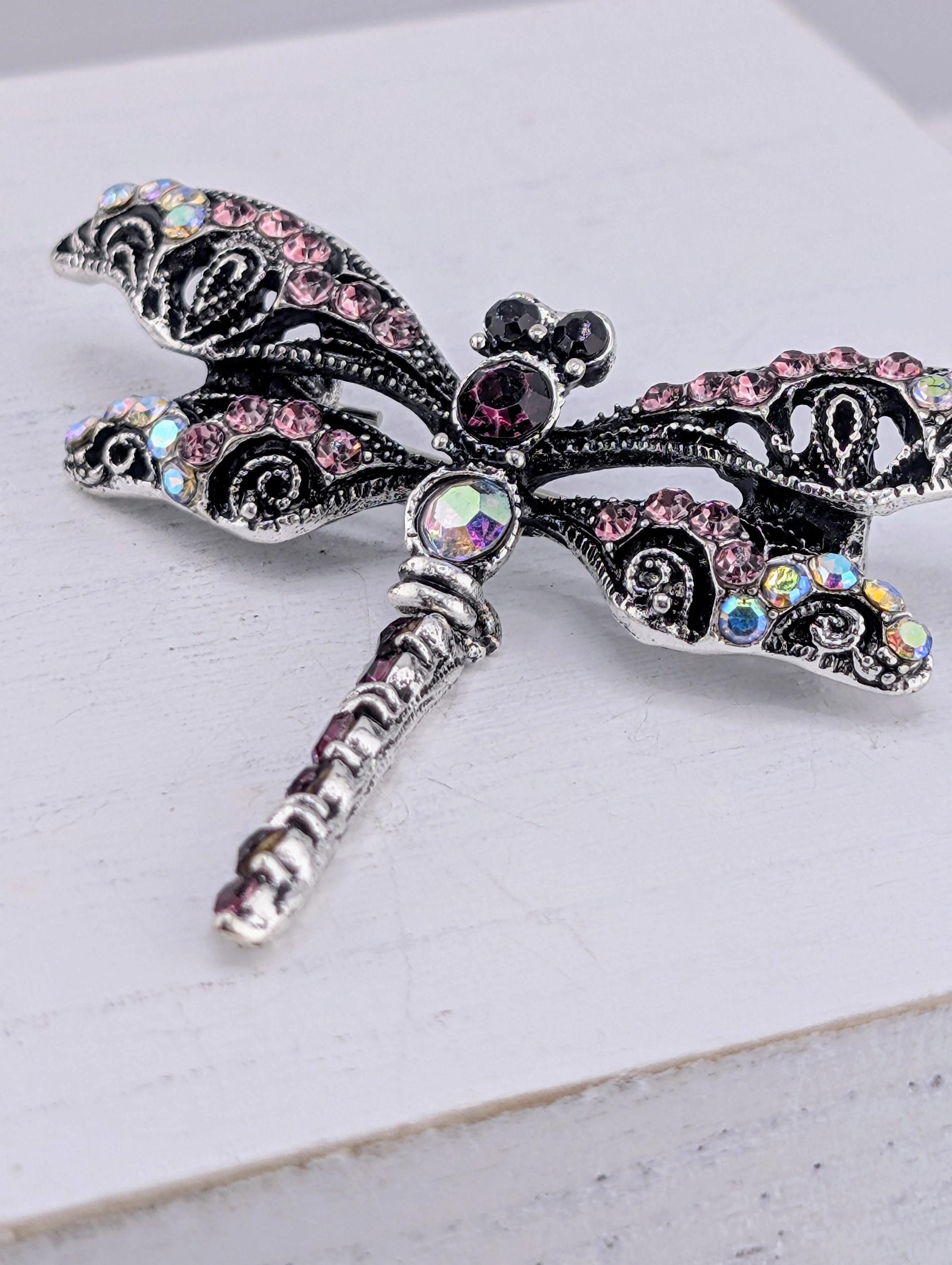 Nature-Inspired Silver Dragonfly Brooch, Rhinestones (2 Inch Pin)