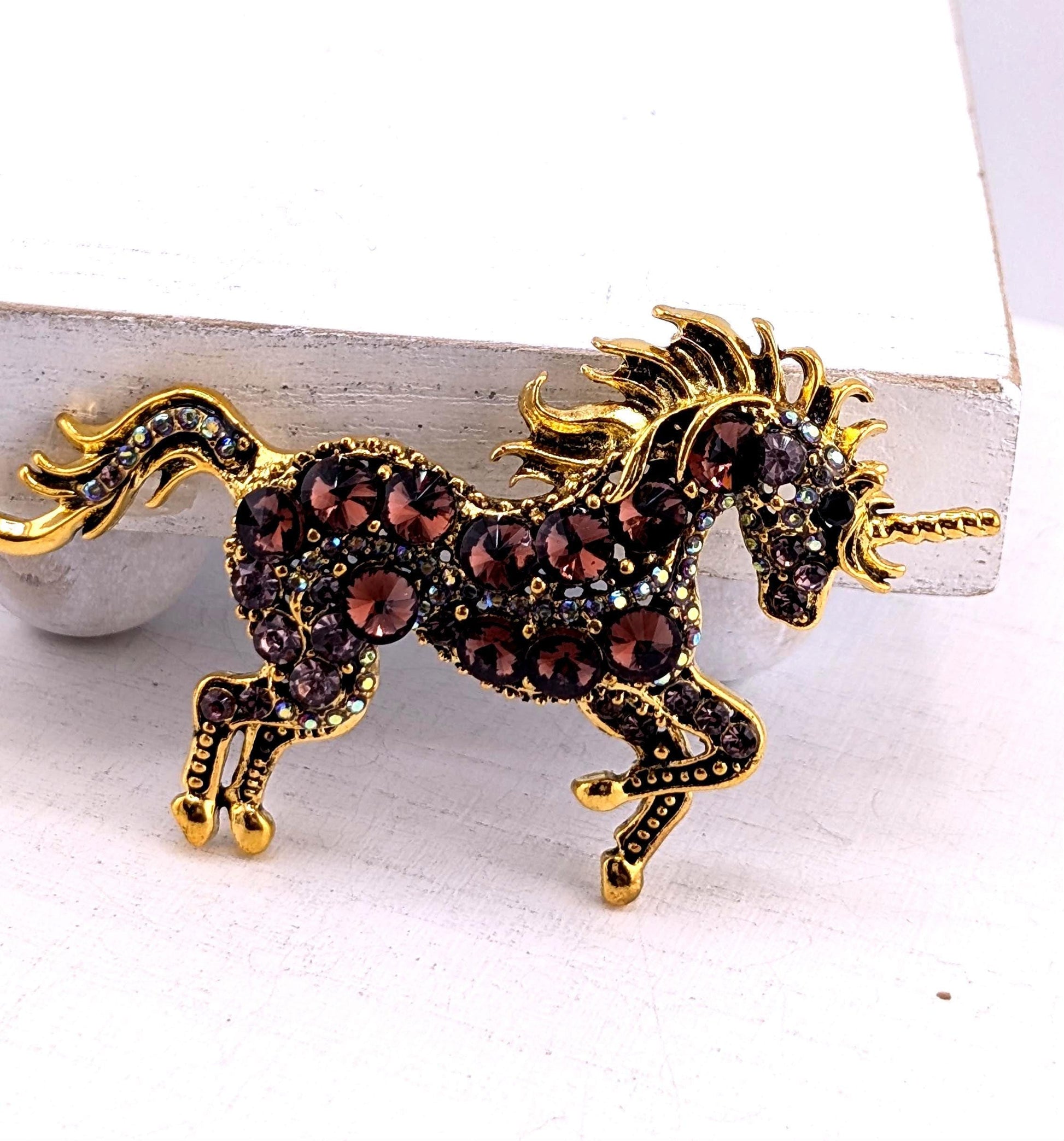 Unicorn Brooch: Gold Plated with Pink Rhinestones, Lightweight Pin