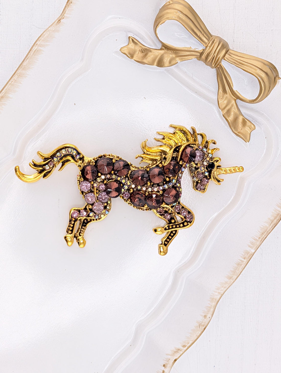Unicorn Brooch: Gold Plated with Pink Rhinestones, Lightweight Pin