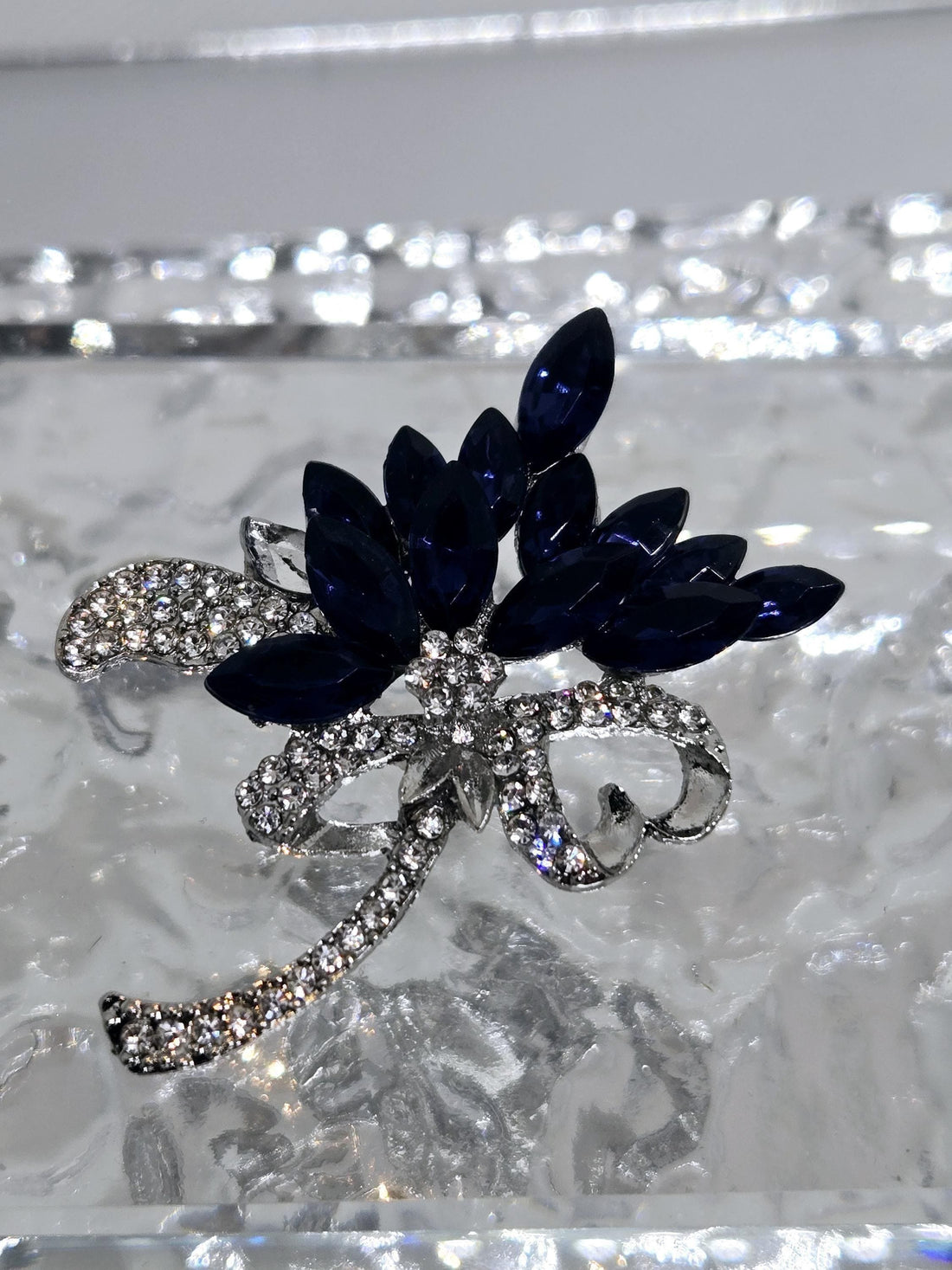 Sapphire Flower Brooch Pin - Silver Plated with Bright Rhinestones
