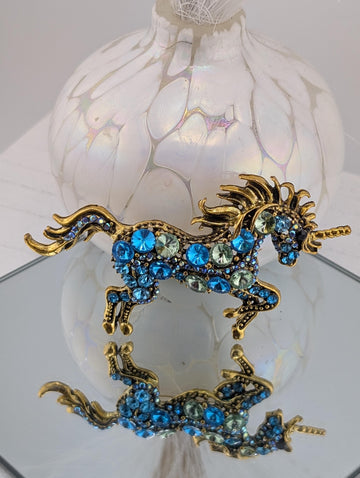 Gold Plated Unicorn Brooch - Sparkling Aqua Rhinestone Accent