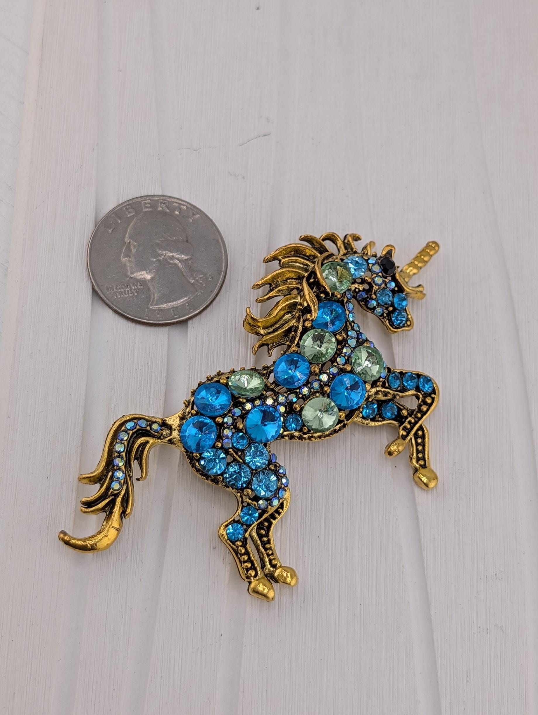 Gold Plated Unicorn Brooch - Sparkling Aqua Rhinestone Accent