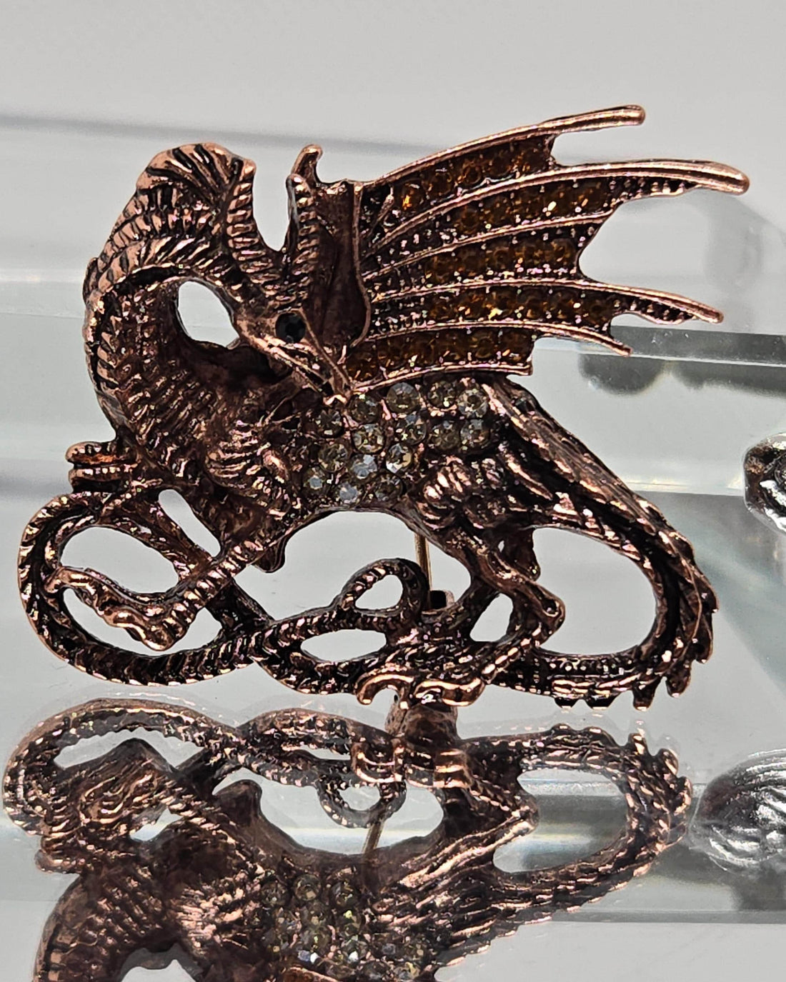 Dragon Brooch Pin: Gold Plated with Rhinestones - Secure Clasp