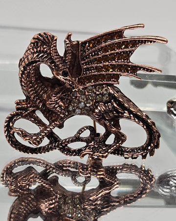 Dragon Brooch Pin: Gold Plated with Rhinestones - Secure Clasp