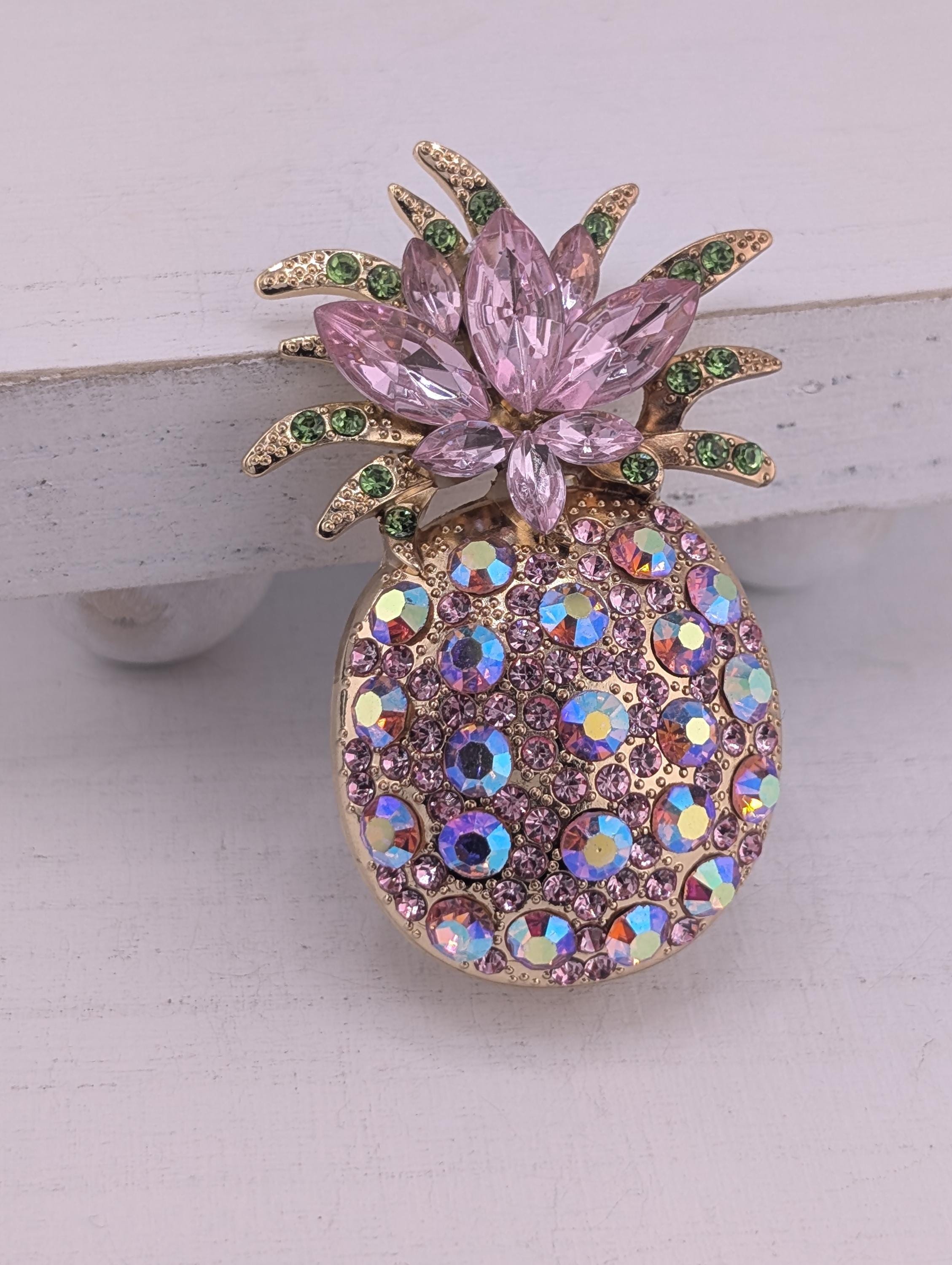 Pineapple Brooch: Pink Rhinestones and Gold Plating - Small Size