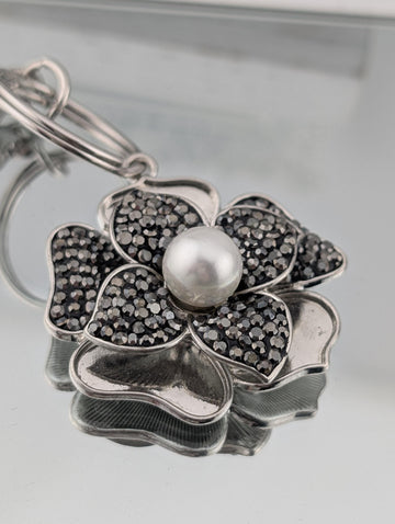 Silver Flower Charm Pendant - Enamel Accents and Sparkling Rhinestones