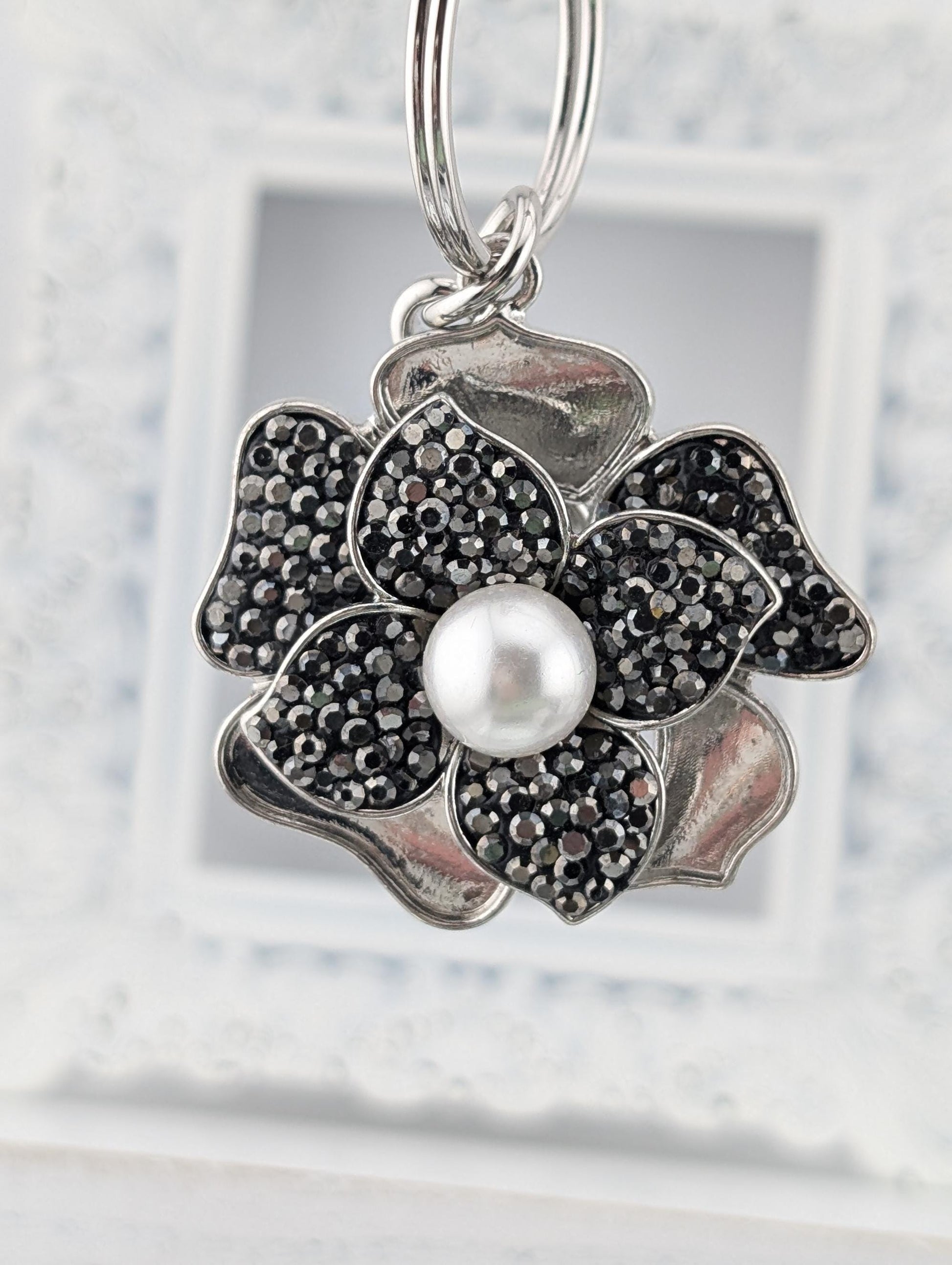 Silver Flower Charm Pendant - Enamel Accents and Sparkling Rhinestones