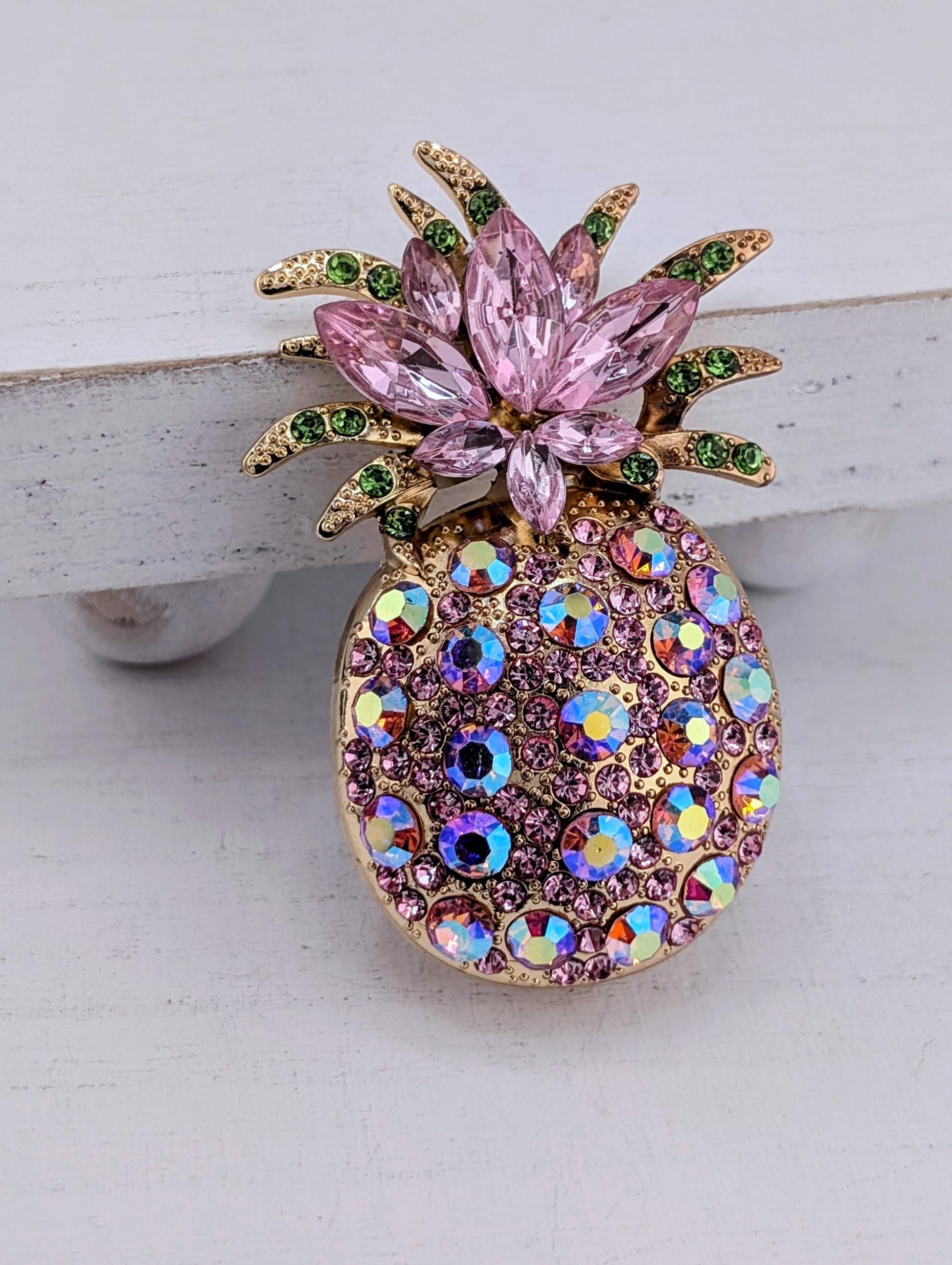 Pineapple Brooch: Pink Rhinestones and Gold Plating - Small Size