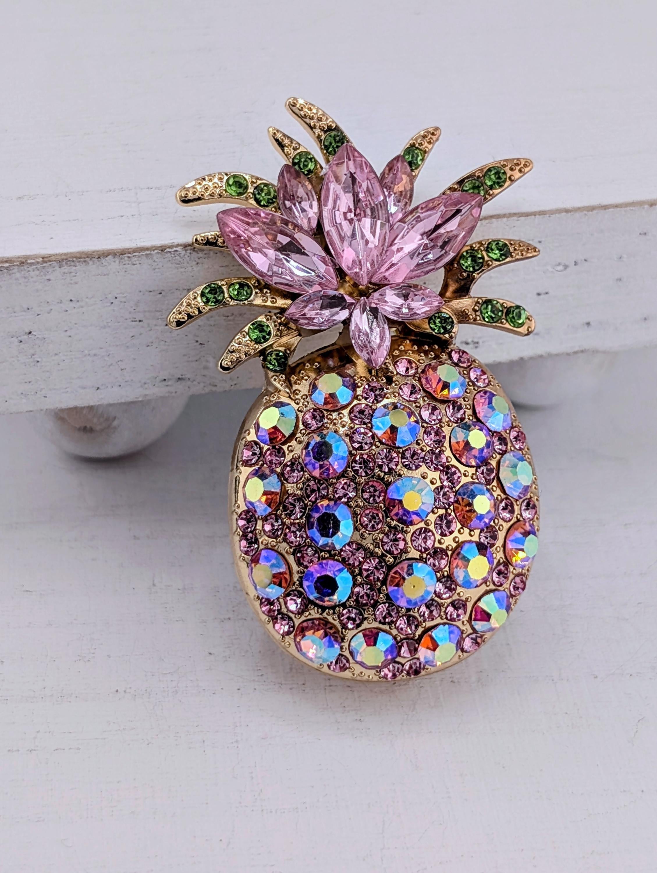 Pineapple Brooch: Pink Rhinestones and Gold Plating - Small Size