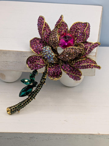 Gold Plated Lotus Flower : Crystal Accent Floral Statement Pin Brooch