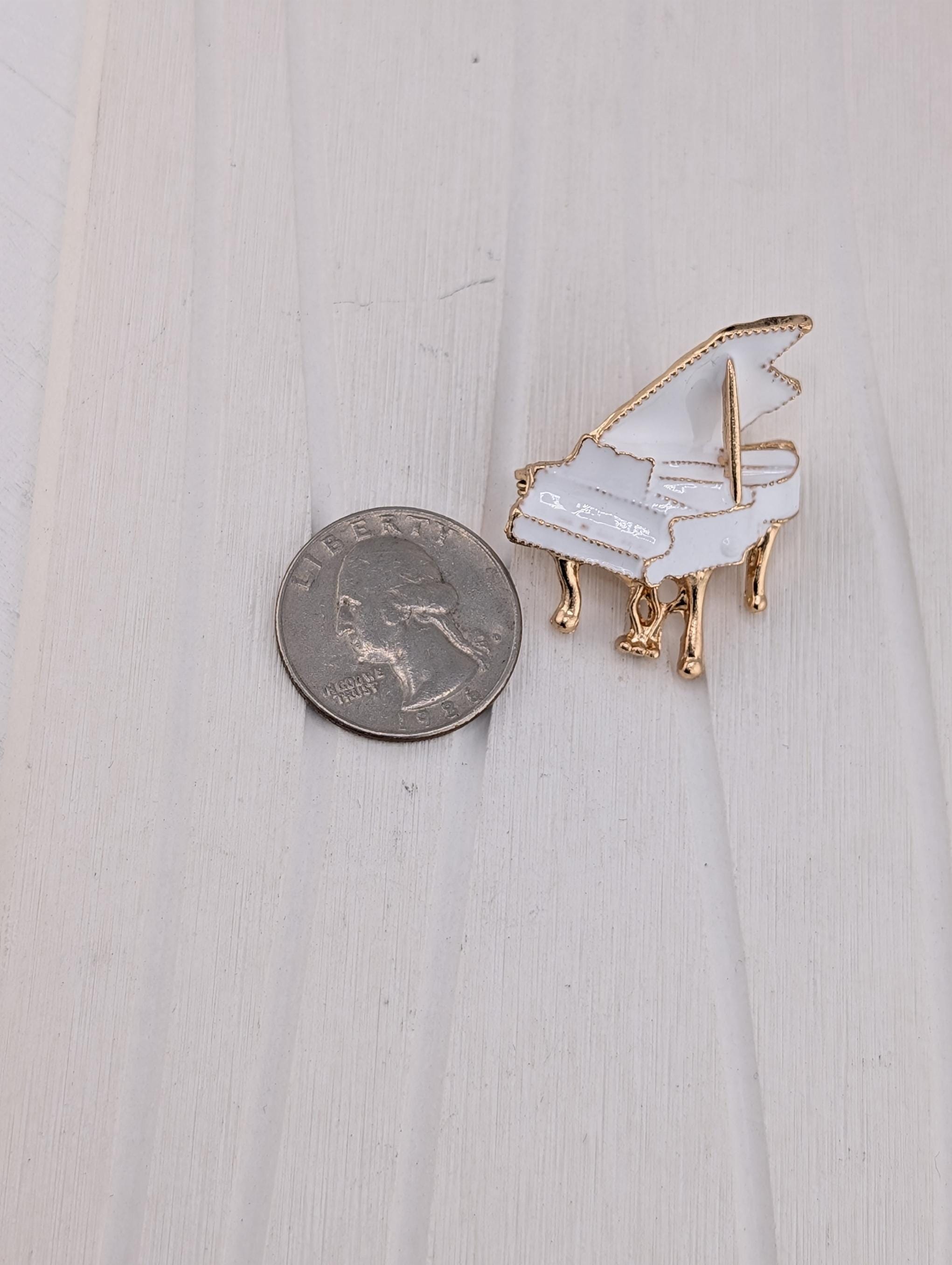 Music Lover Gold Plated Piano Brooch, White Rhinestones (Decorative Pin)