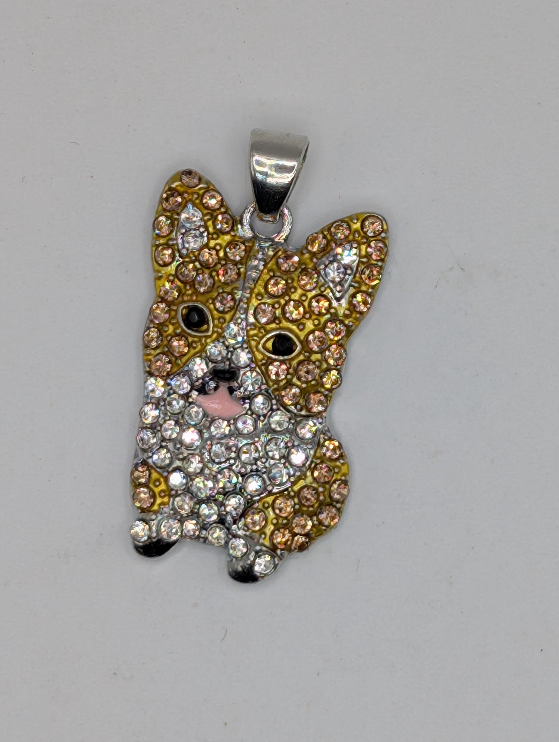 Silver Corgi Pendant - Rhinestone Sparkle with Pink Nose