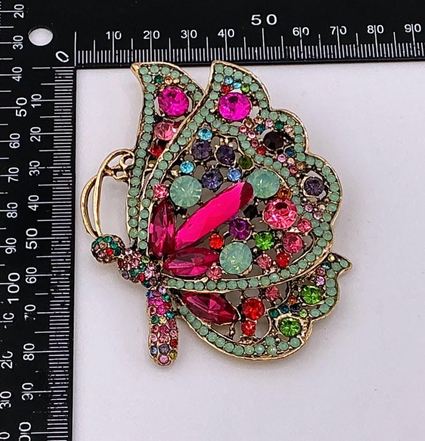 Colorful Crystal Butterfly Brooch: Gold Plated, Large Statement Pin