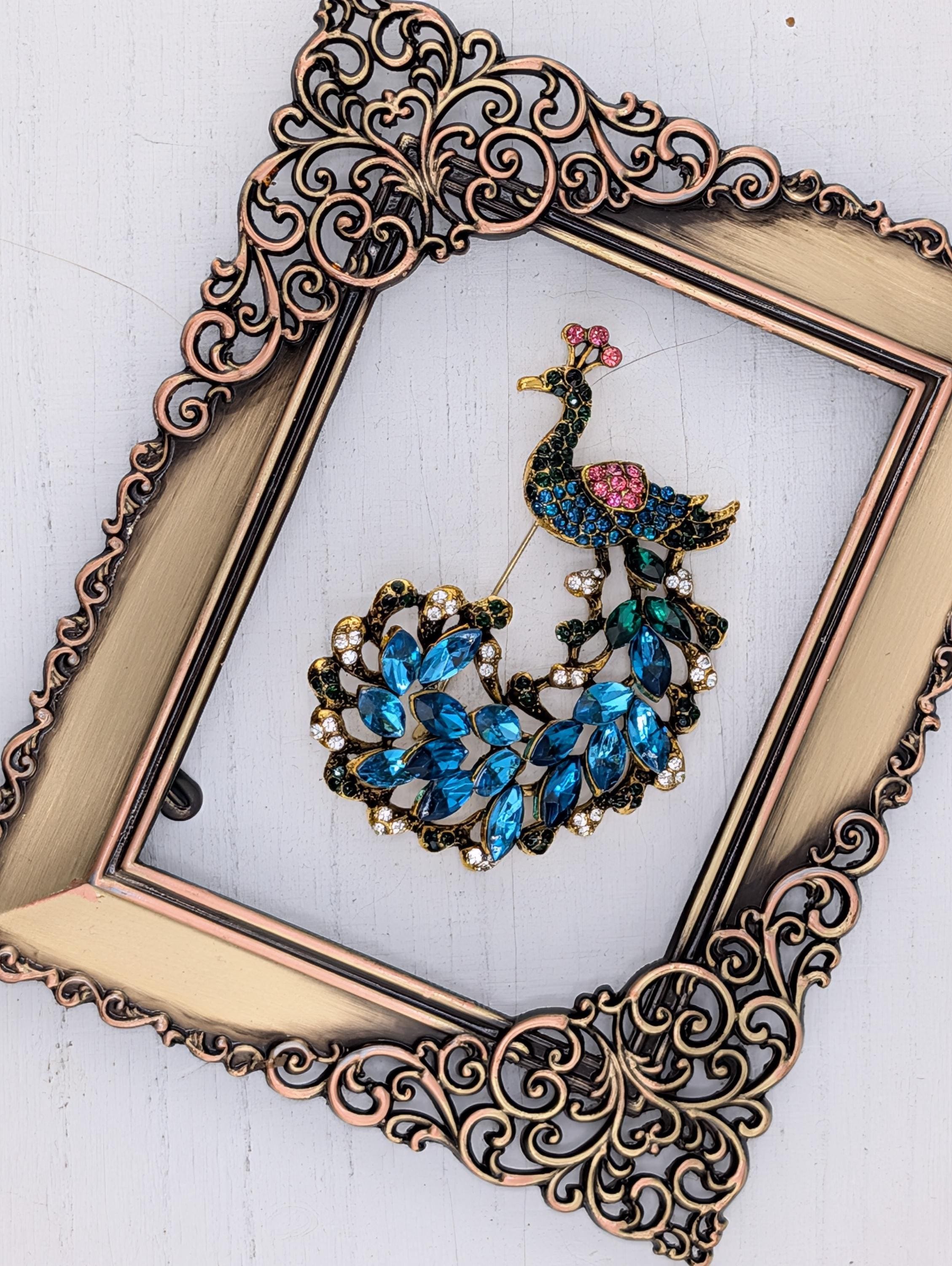 Peacock Brooch: Gold Plated with Aqua Rhinestones - Vintage Style Pin