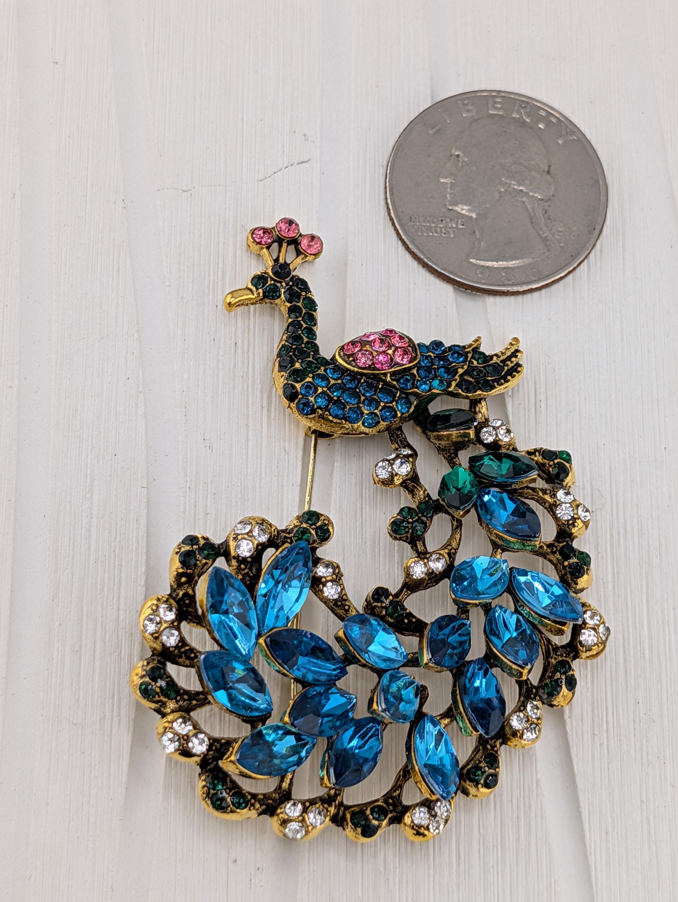 Peacock Brooch: Gold Plated with Aqua Rhinestones - Vintage Style Pin