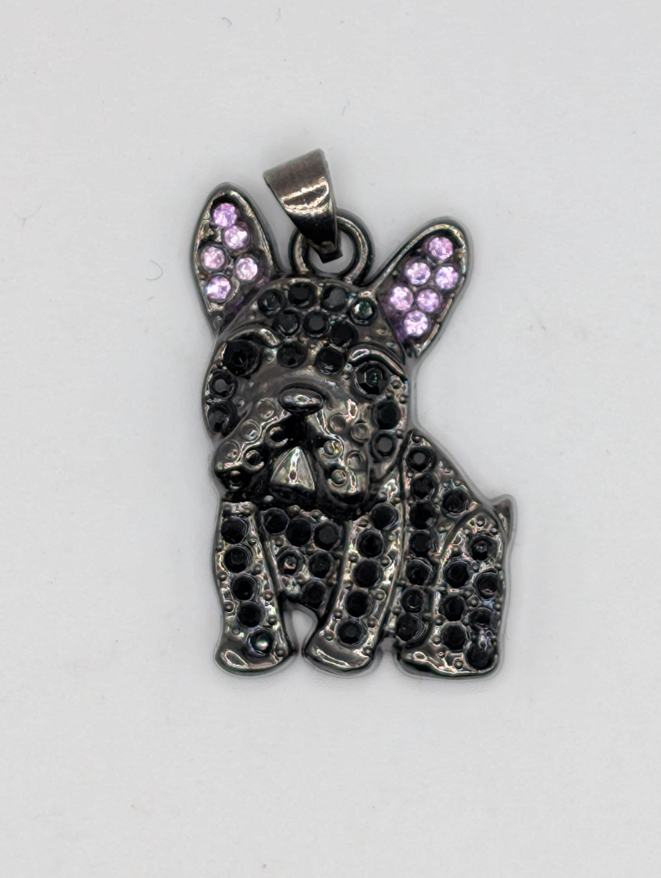 Frenchie Dog Pendant, Gunmetal Rhinestone Charm (Bag Accessory)